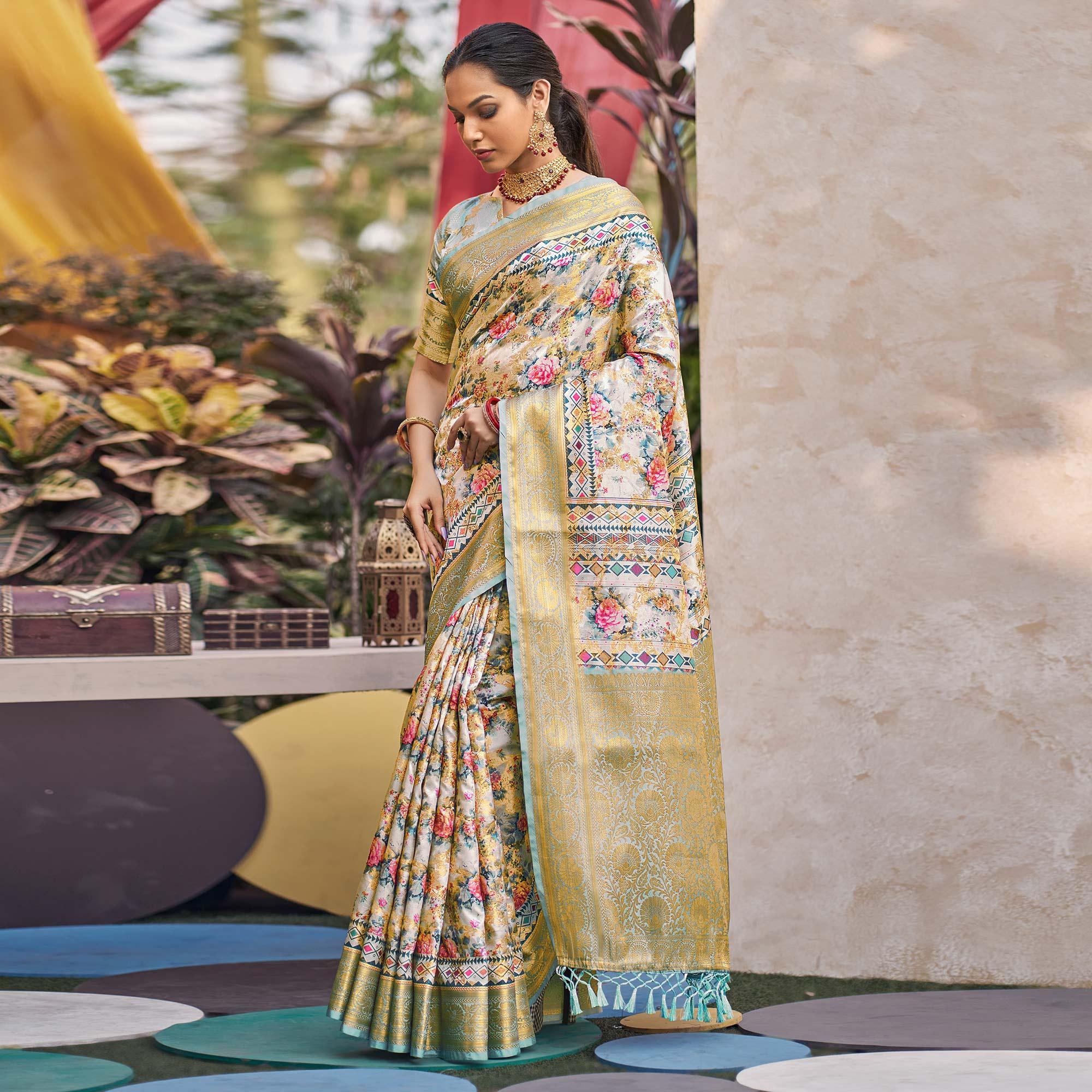 Light Blue Floral Digital Printed Pure Silk Saree - Peachmode