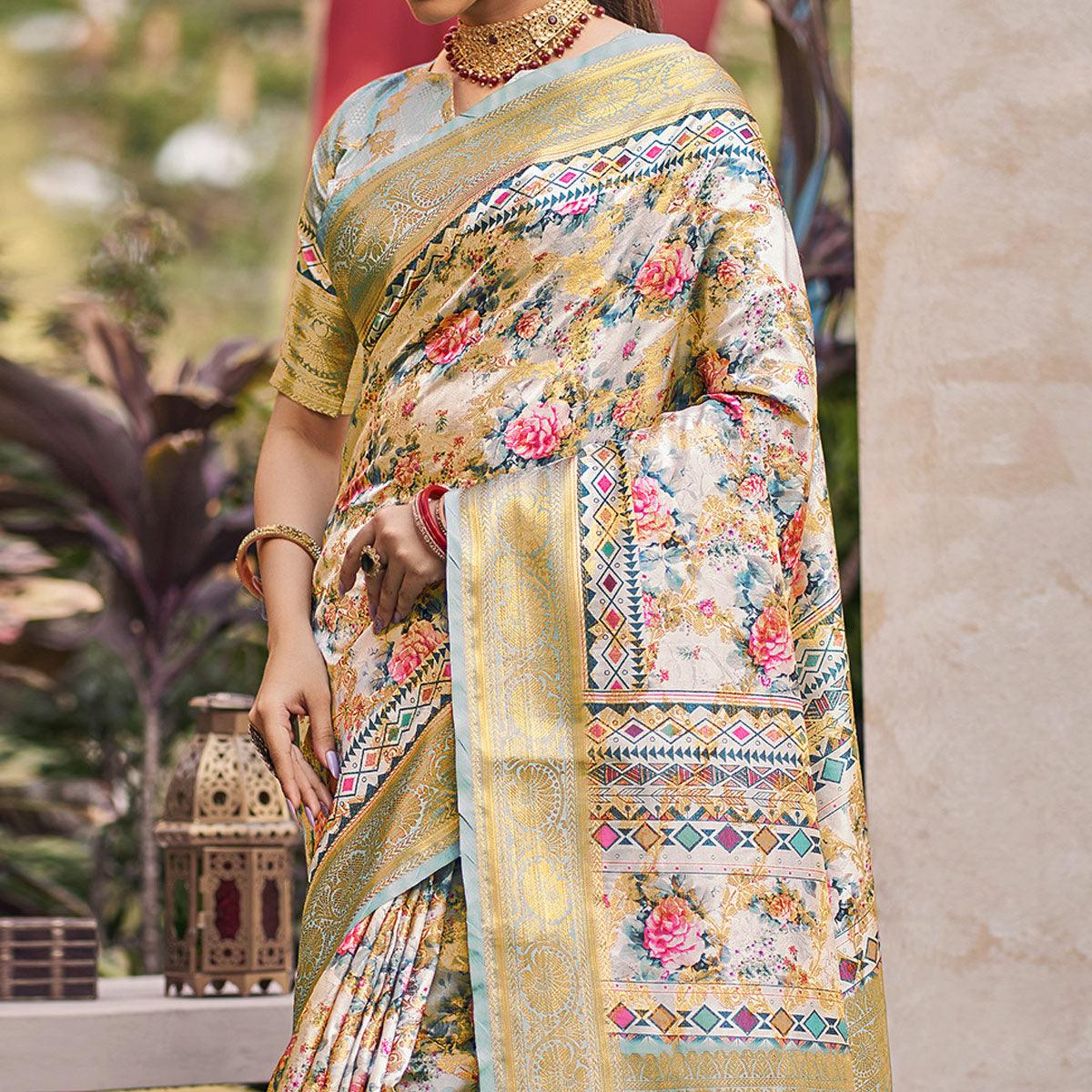 Light Blue Floral Digital Printed Pure Silk Saree - Peachmode