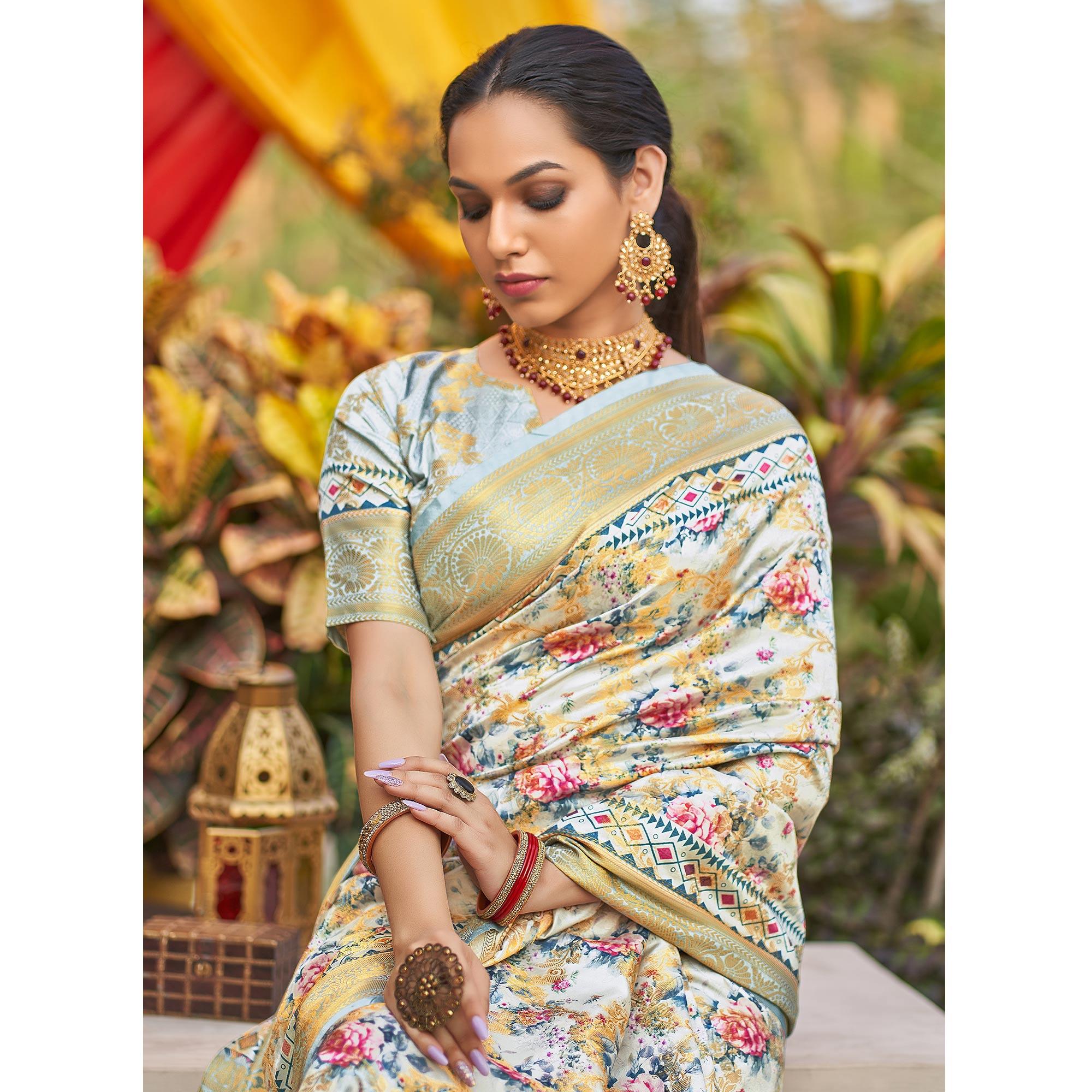 Light Blue Floral Digital Printed Pure Silk Saree - Peachmode
