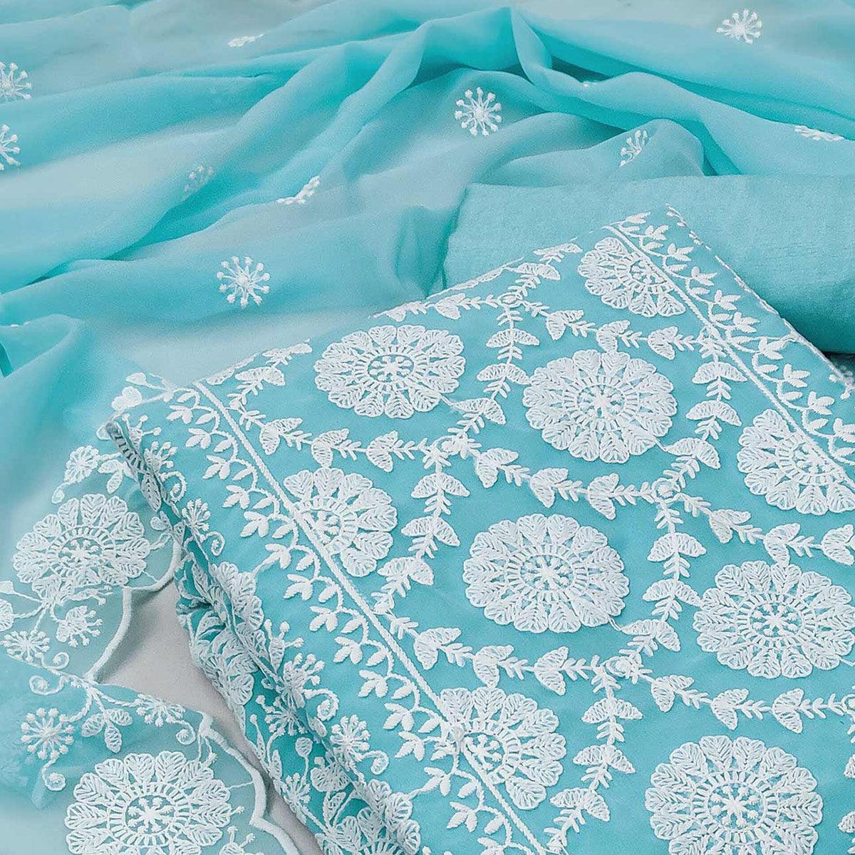 Light Blue Floral Embroidered Georgette Dress Material - Peachmode