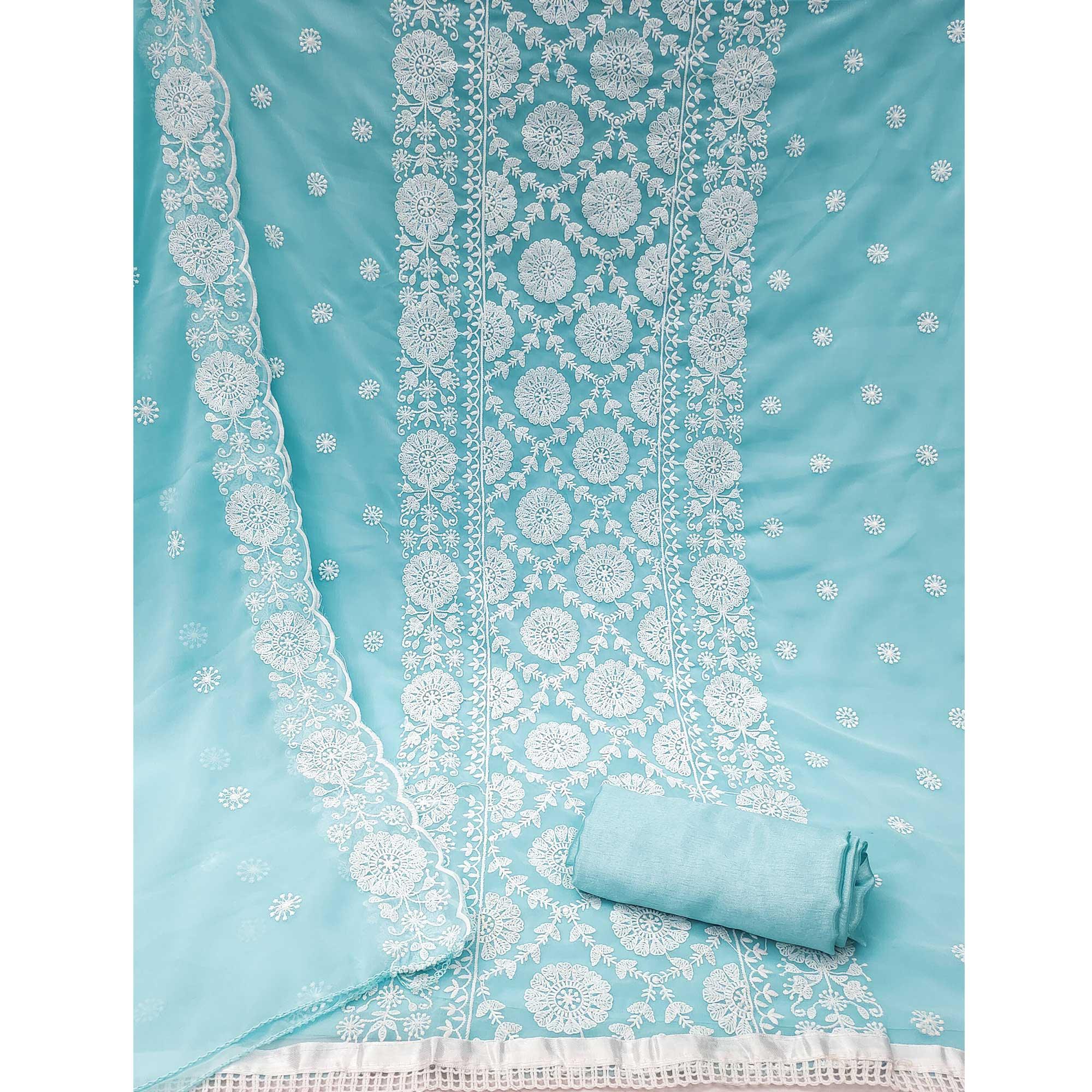 Light Blue Floral Embroidered Georgette Dress Material - Peachmode