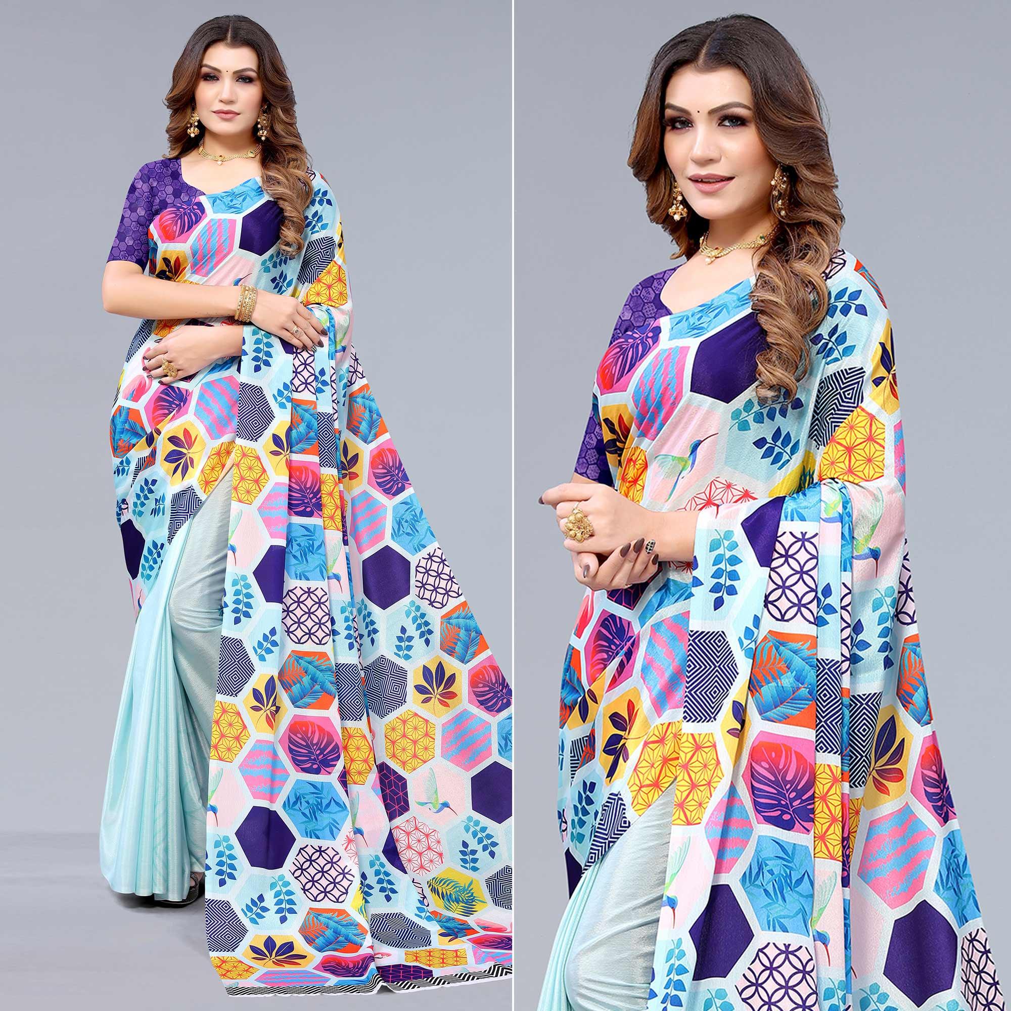 Light Blue Floral Printed Chiffon Half and Half Saree - Peachmode