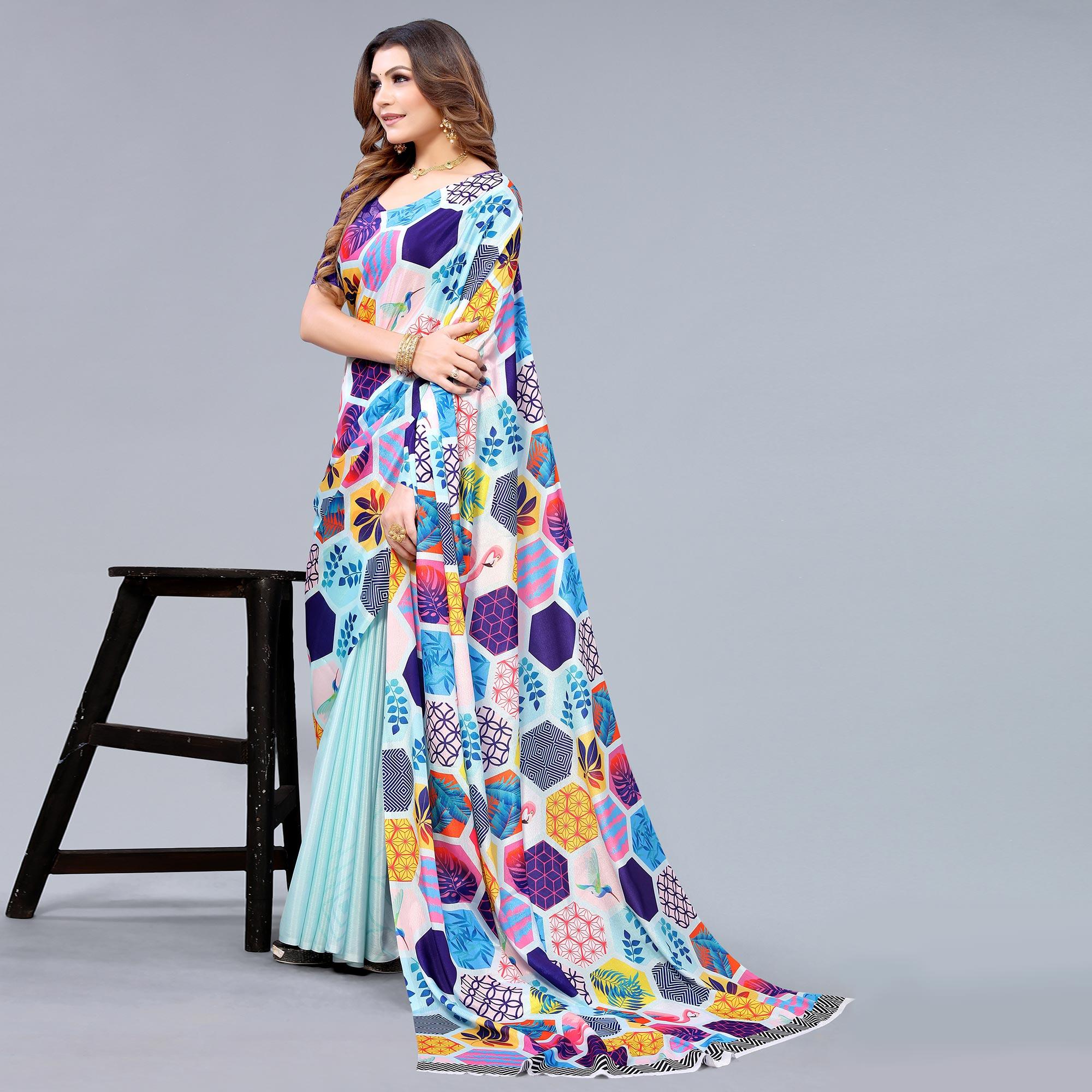Light Blue Floral Printed Chiffon Half and Half Saree - Peachmode