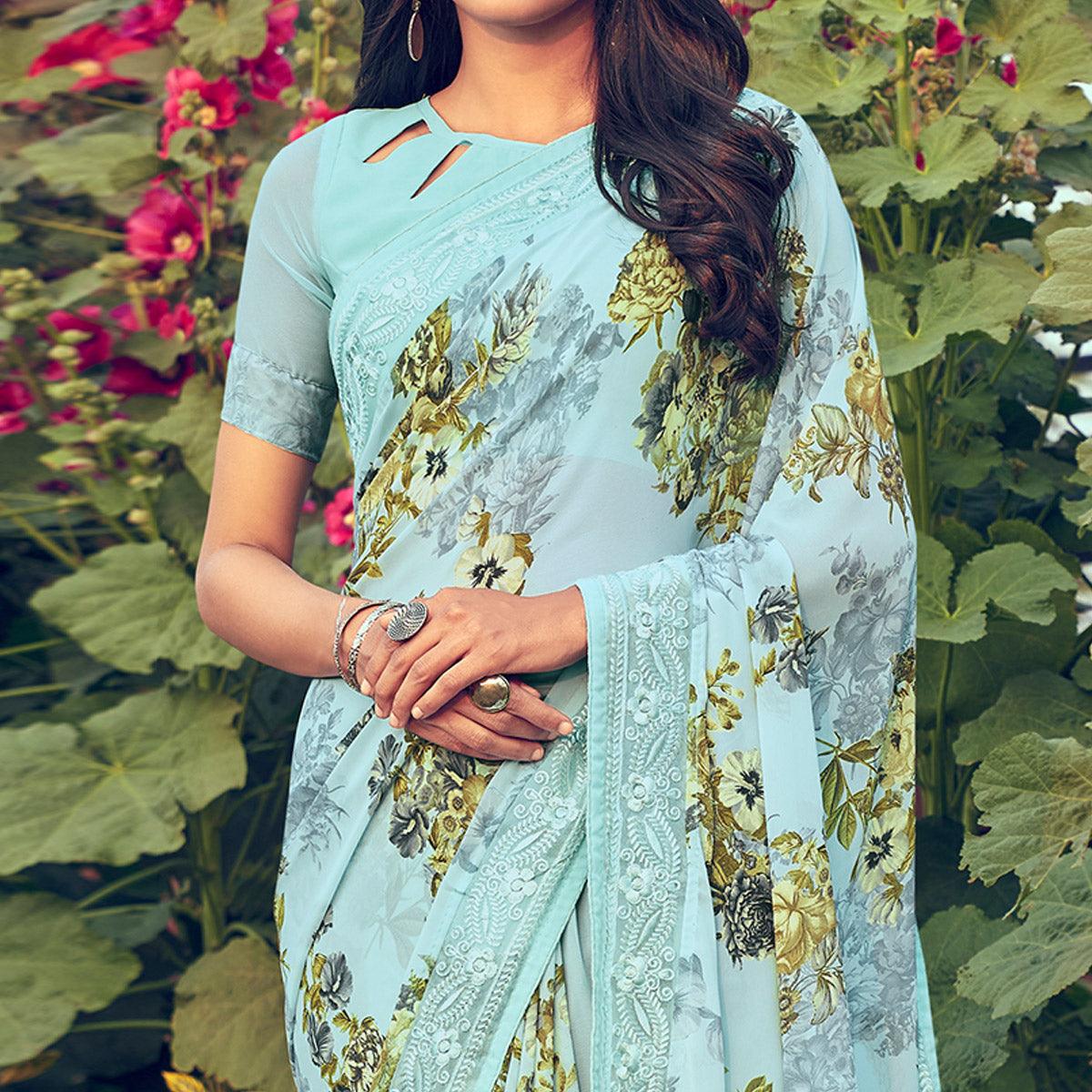 Light Blue Floral Printed Georgette Saree - Peachmode