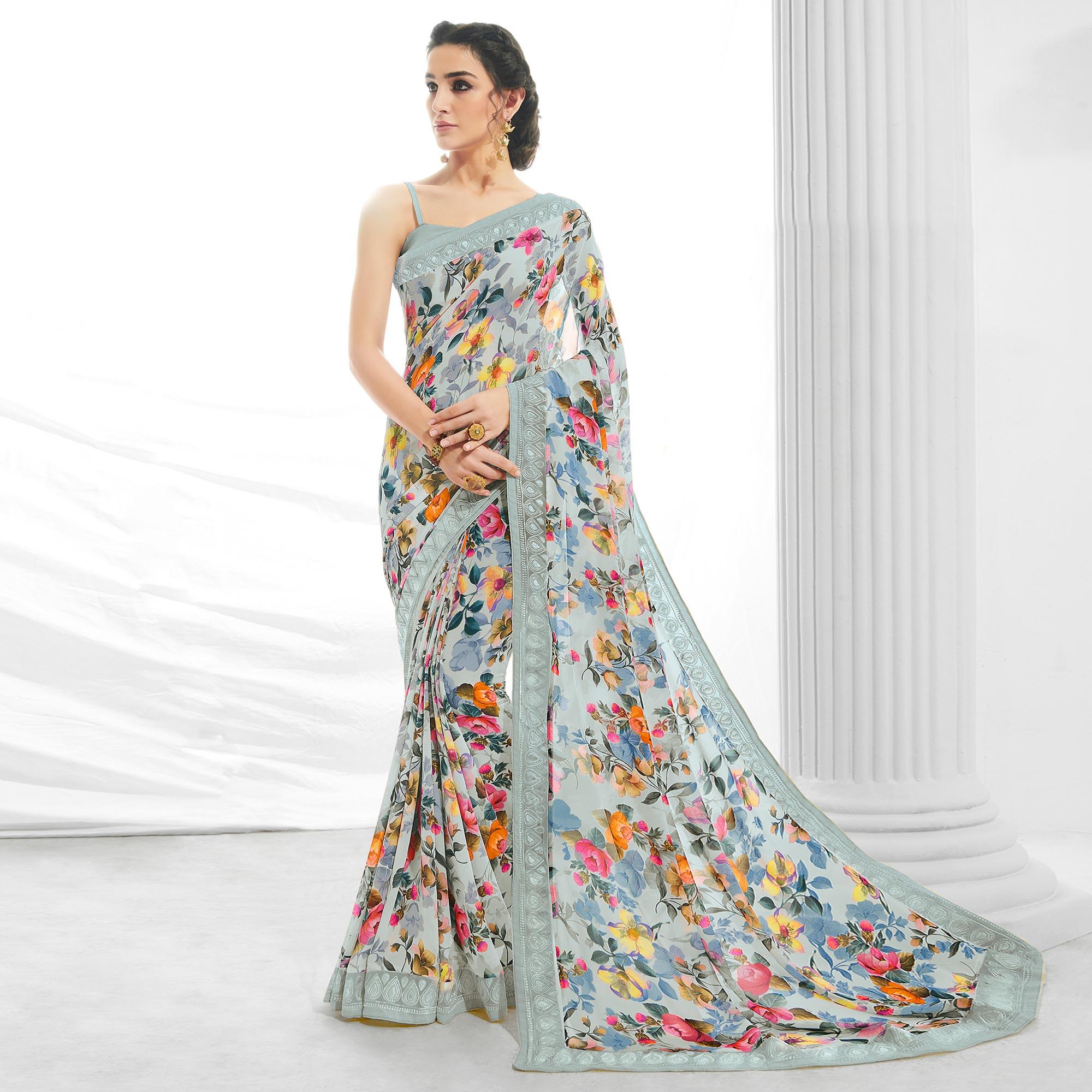 Light Blue Floral Printed With Embroidered Border Georgette Saree - Peachmode