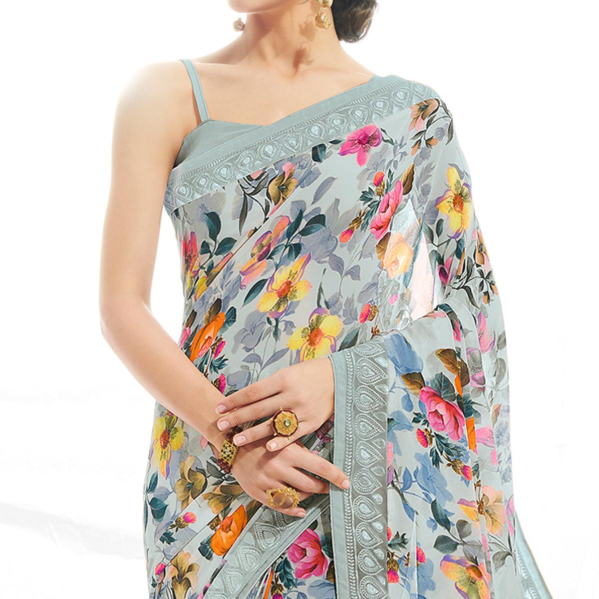 Light Blue Floral Printed With Embroidered Border Georgette Saree - Peachmode
