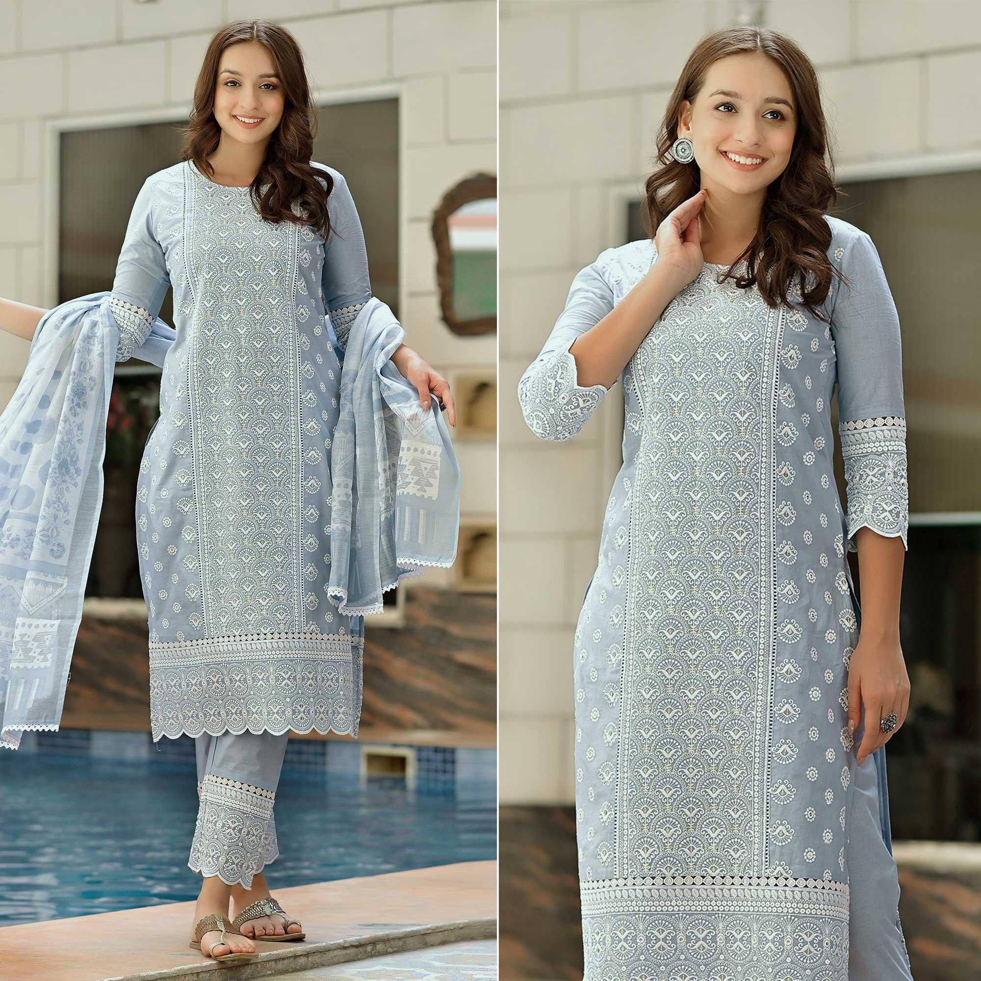 Light Blue Lucknowi Embroidered Pure Cotton Kurti Pant Set with Dupatta - Peachmode