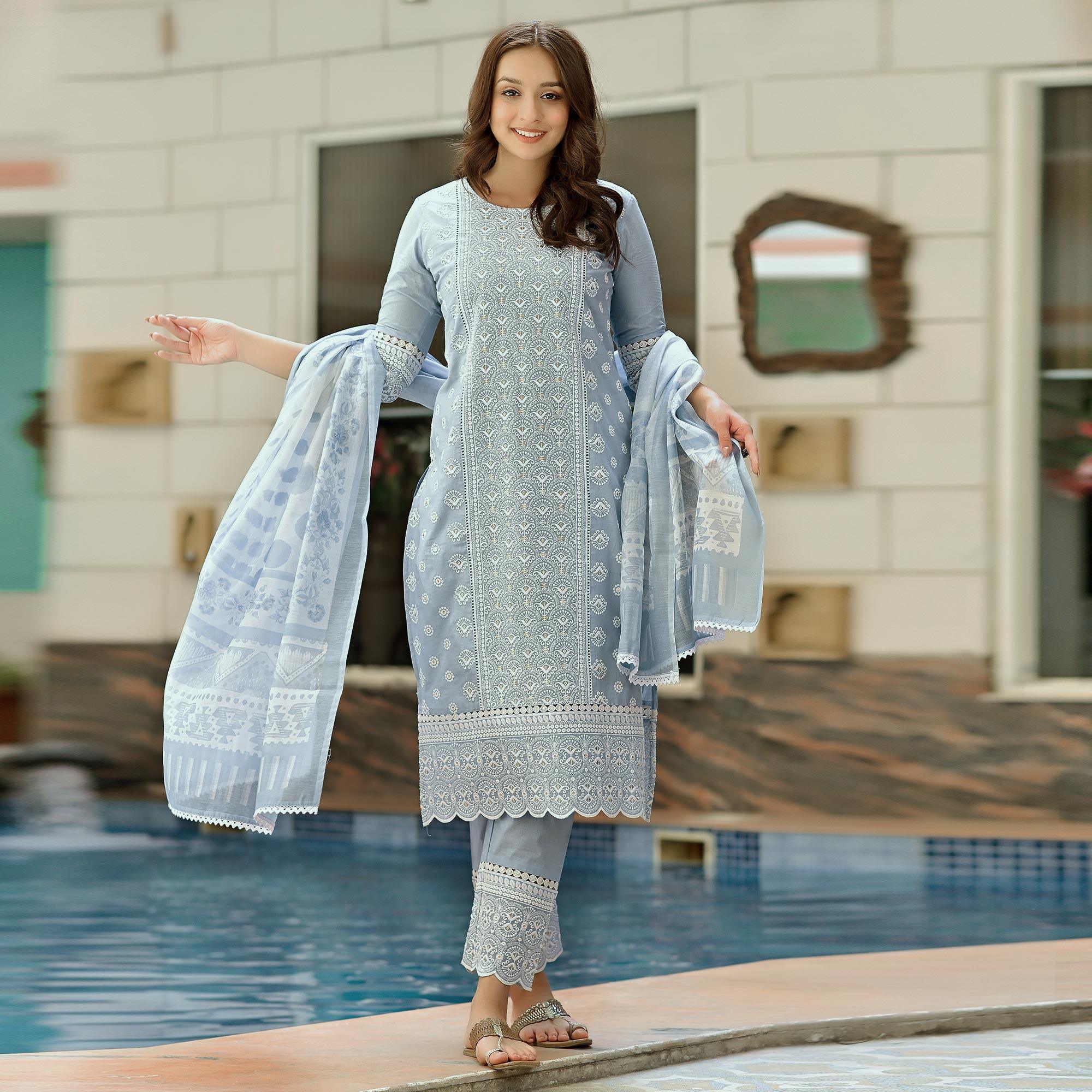 Light Blue Lucknowi Embroidered Pure Cotton Kurti Pant Set with Dupatta - Peachmode