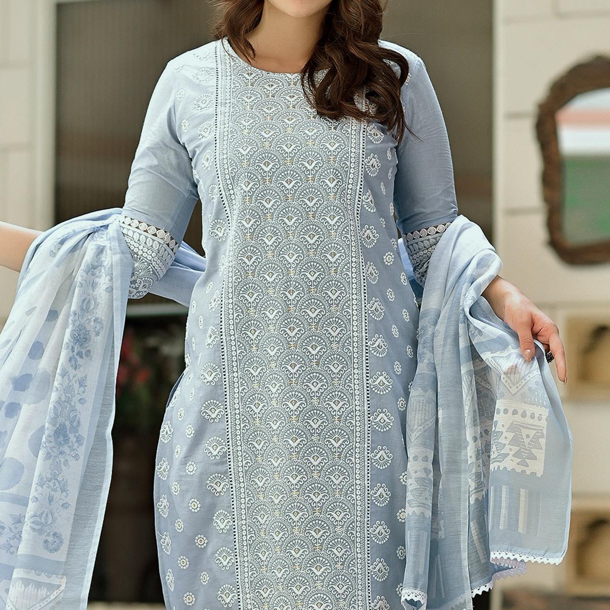 Light Blue Lucknowi Embroidered Pure Cotton Kurti Pant Set with Dupatta - Peachmode