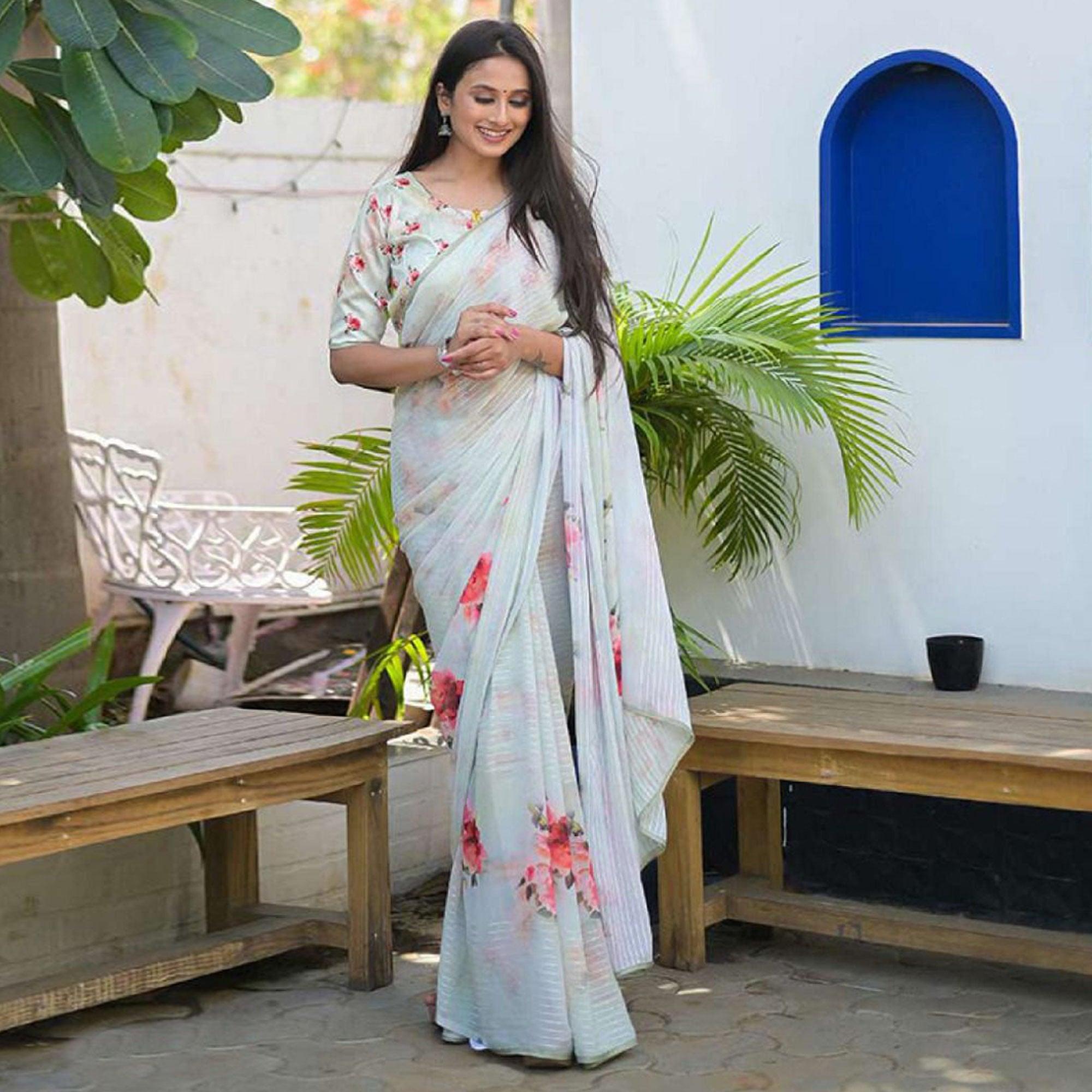 Light Blue Party Wear Digital Printed Georgette Saree - Peachmode