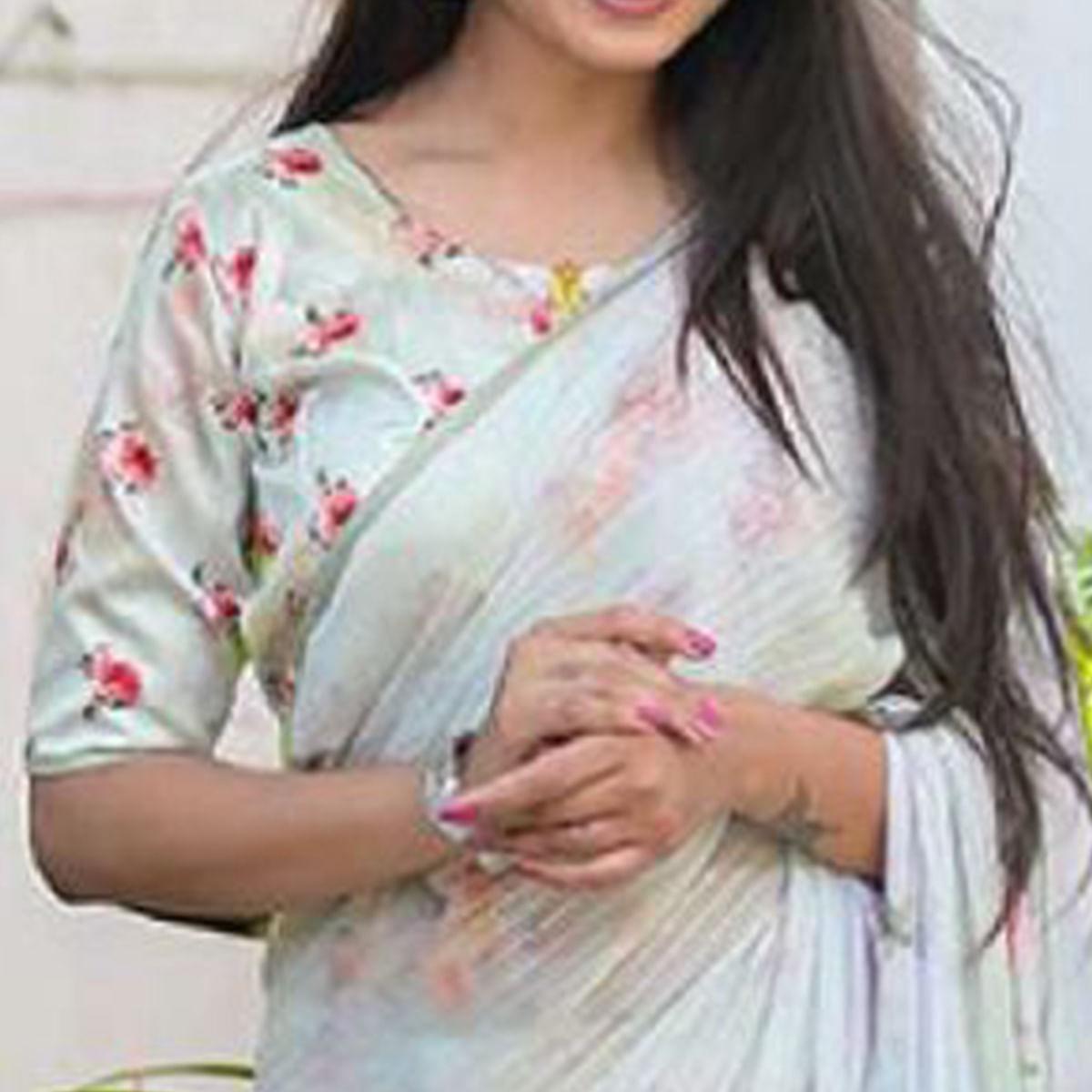 Light Blue Party Wear Digital Printed Georgette Saree - Peachmode