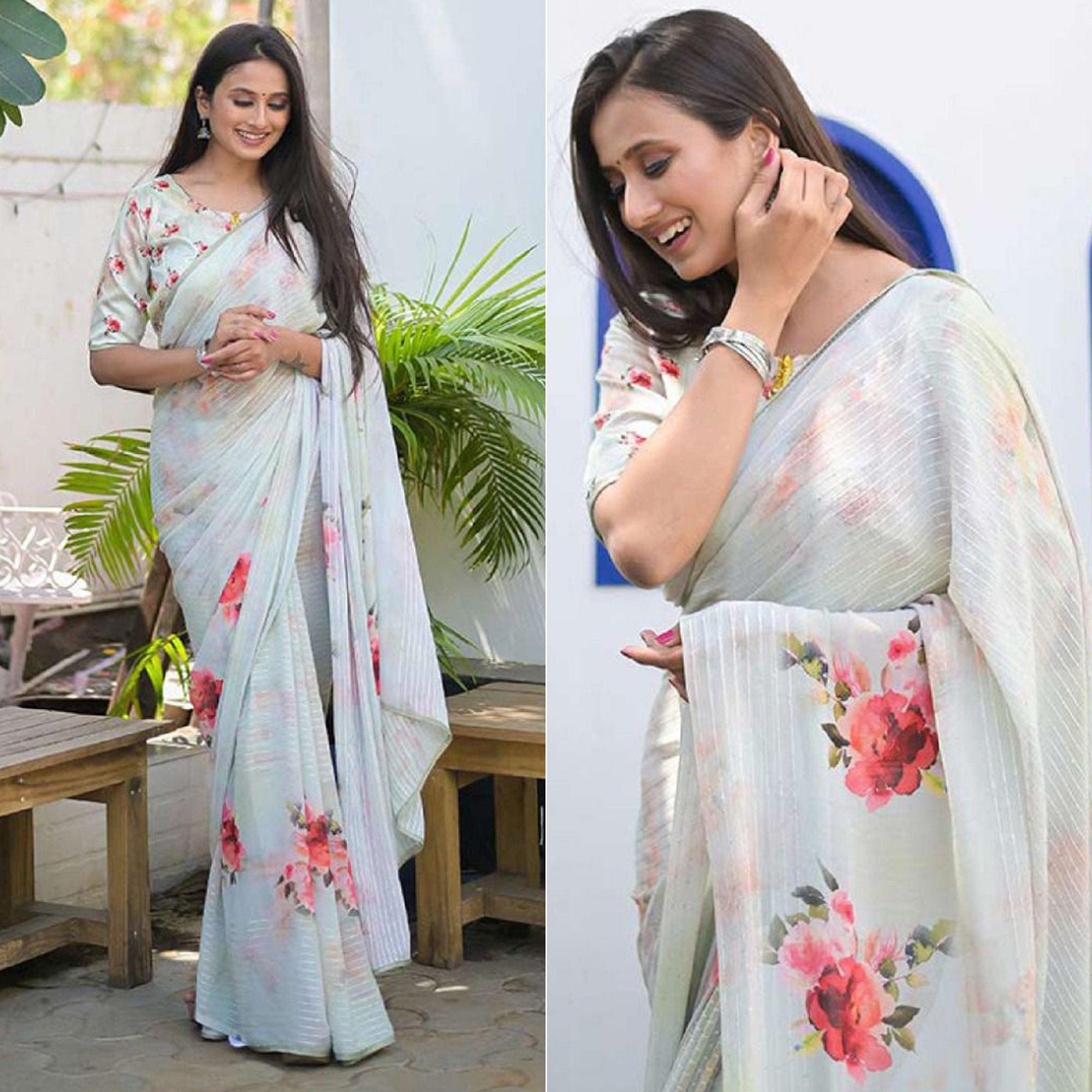 Light Blue Party Wear Digital Printed Georgette Saree - Peachmode
