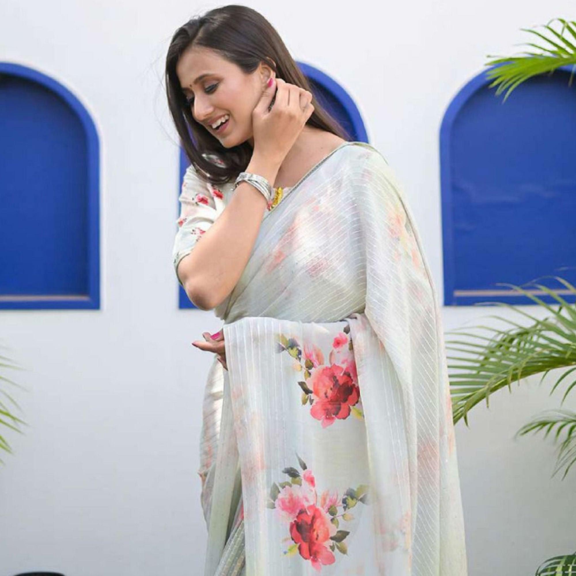 Light Blue Party Wear Digital Printed Georgette Saree - Peachmode