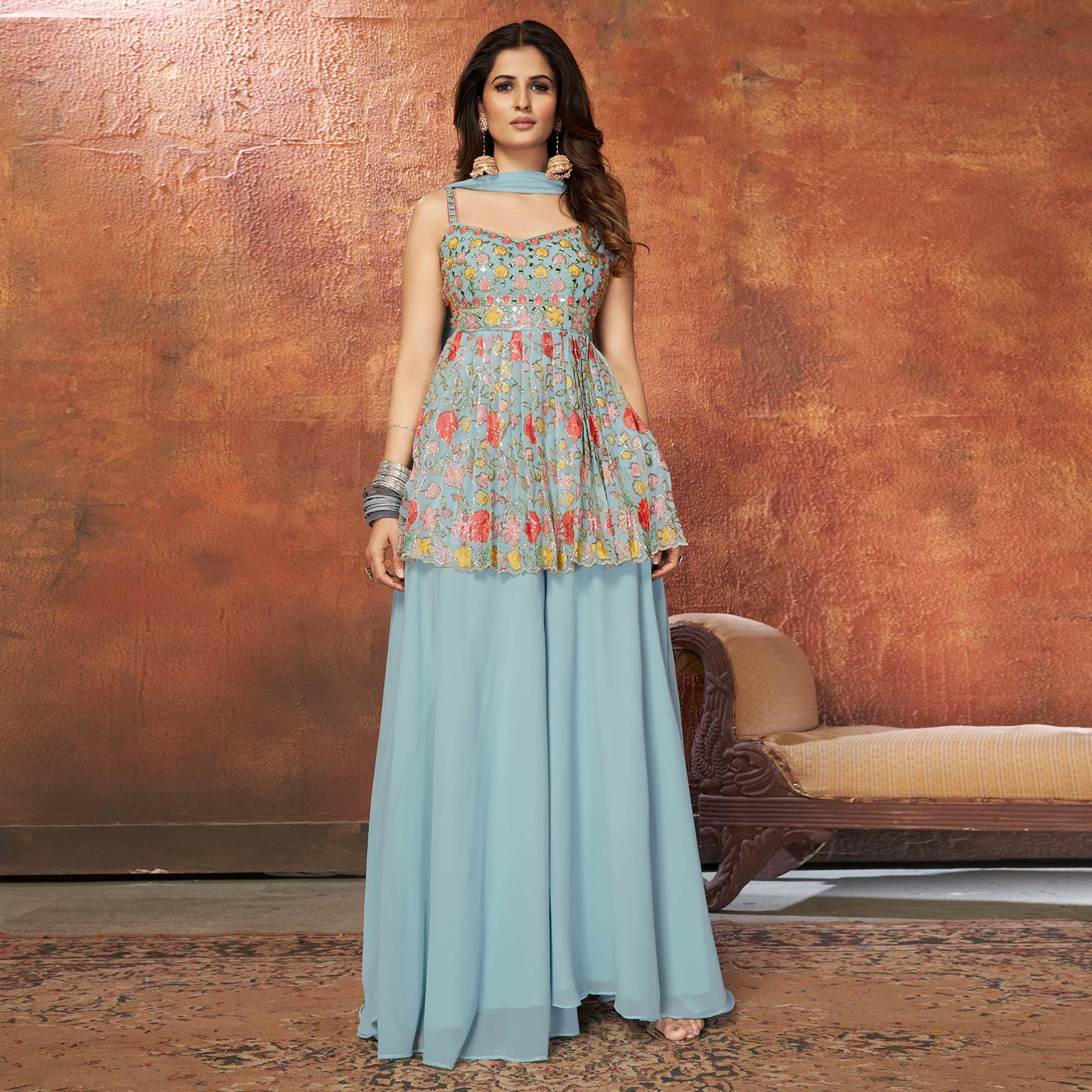 Light Blue Party Wear Embroiddered Georgette Sharara Suit - Peachmode