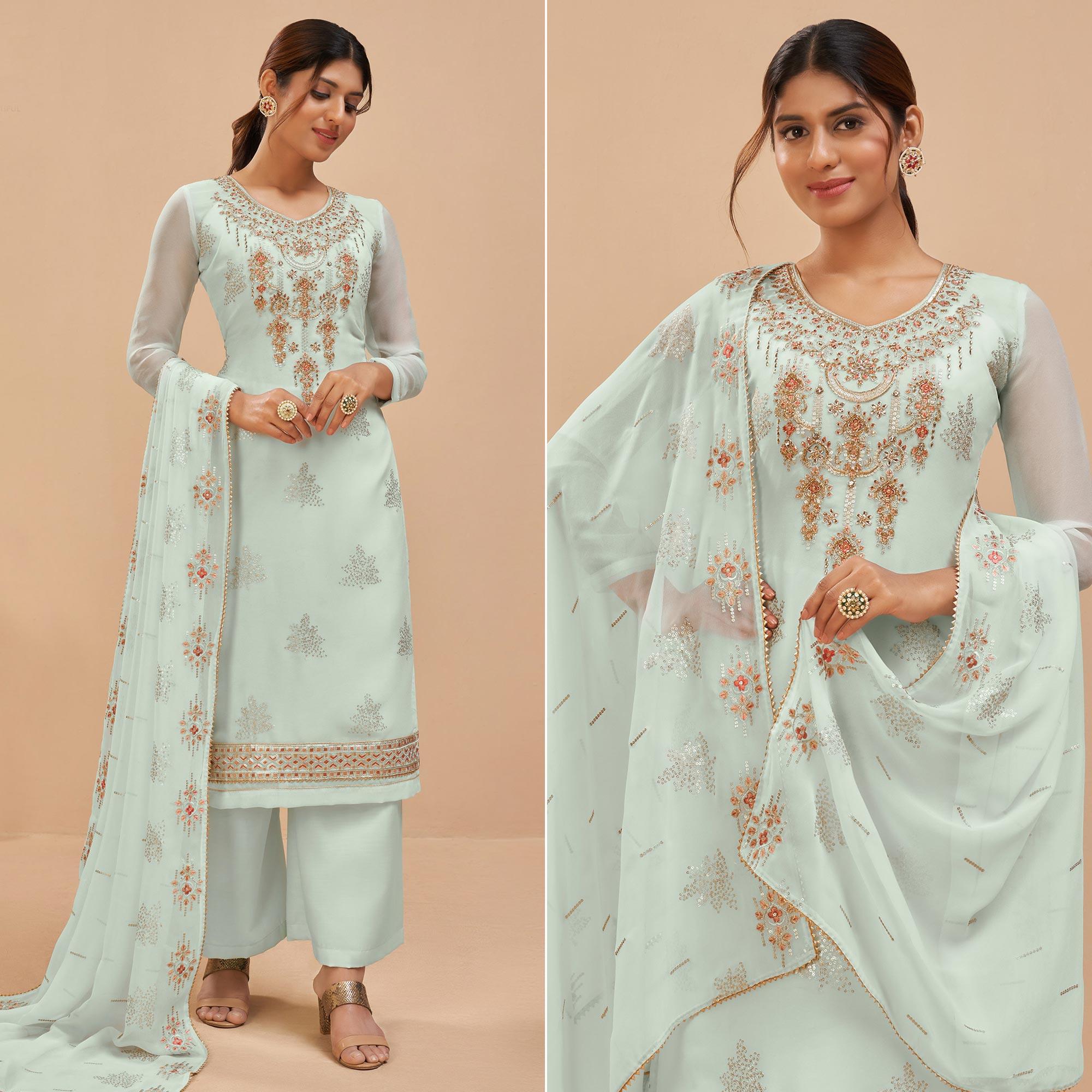 Light Blue Party Wear Embroidered Georgette Suit - Peachmode