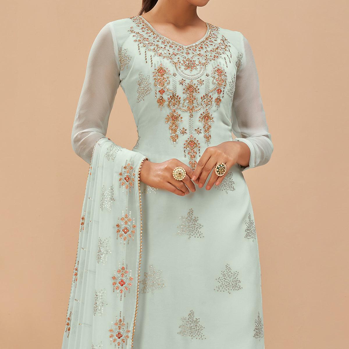 Light Blue Party Wear Embroidered Georgette Suit - Peachmode