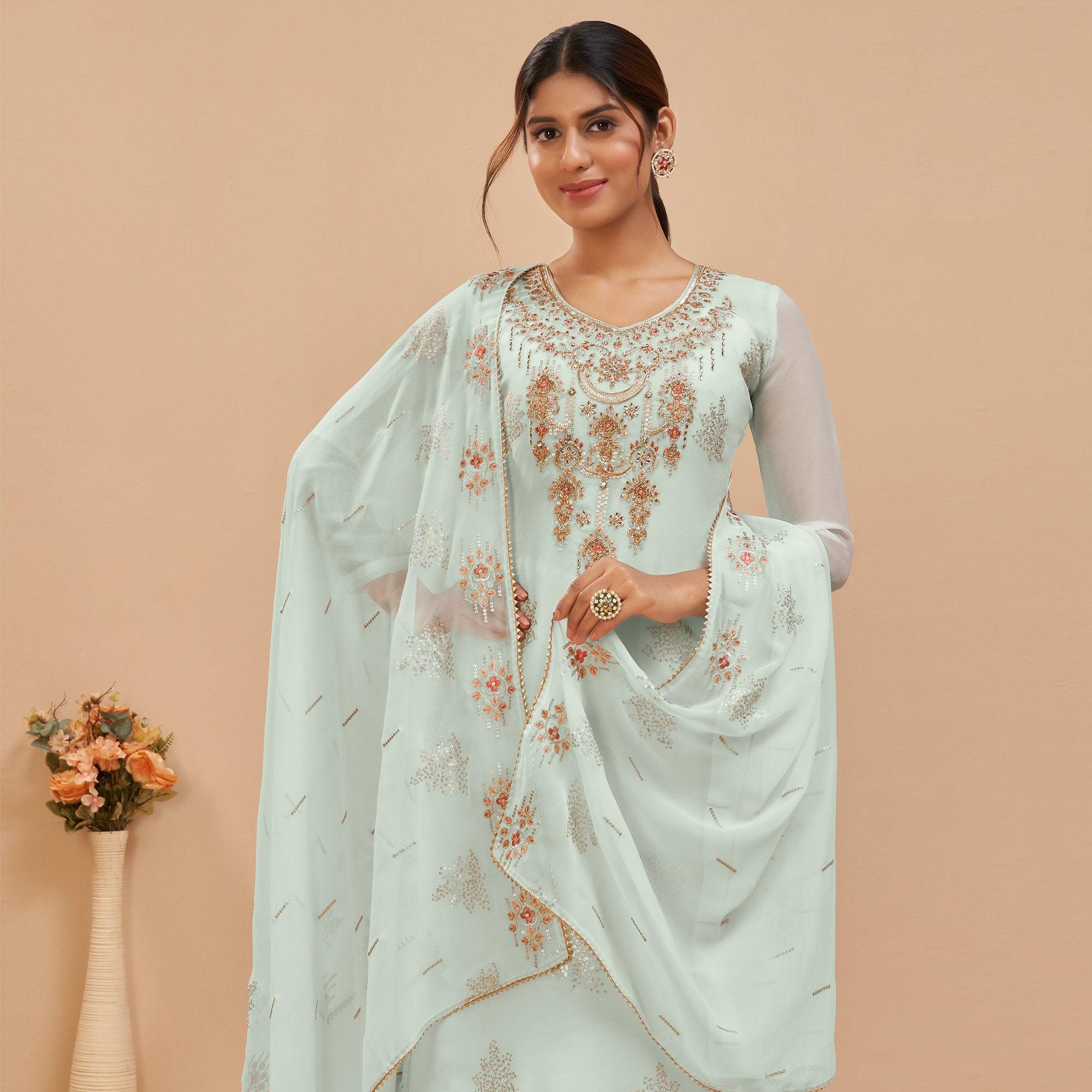 Light Blue Party Wear Embroidered Georgette Suit - Peachmode