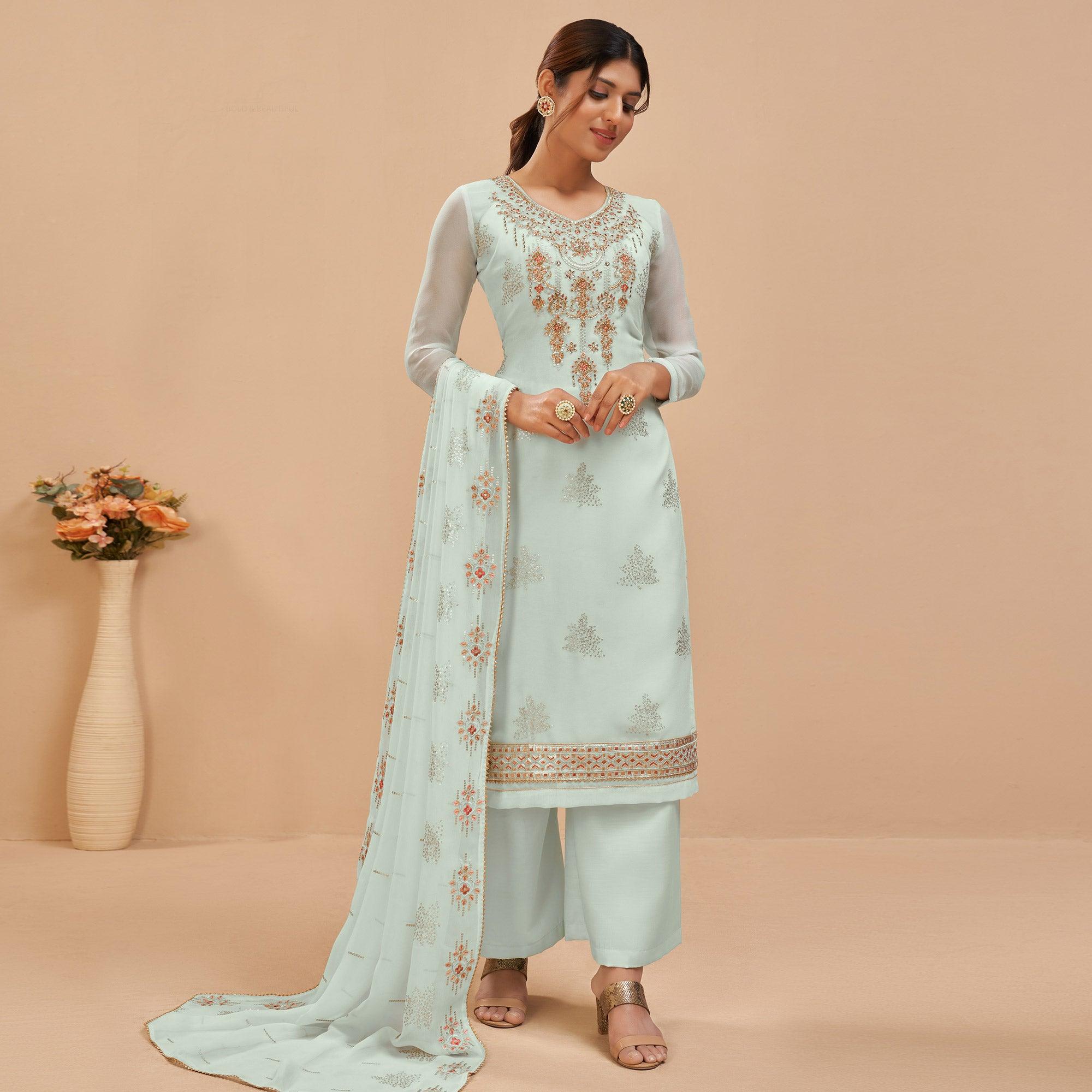 Light Blue Party Wear Embroidered Georgette Suit - Peachmode
