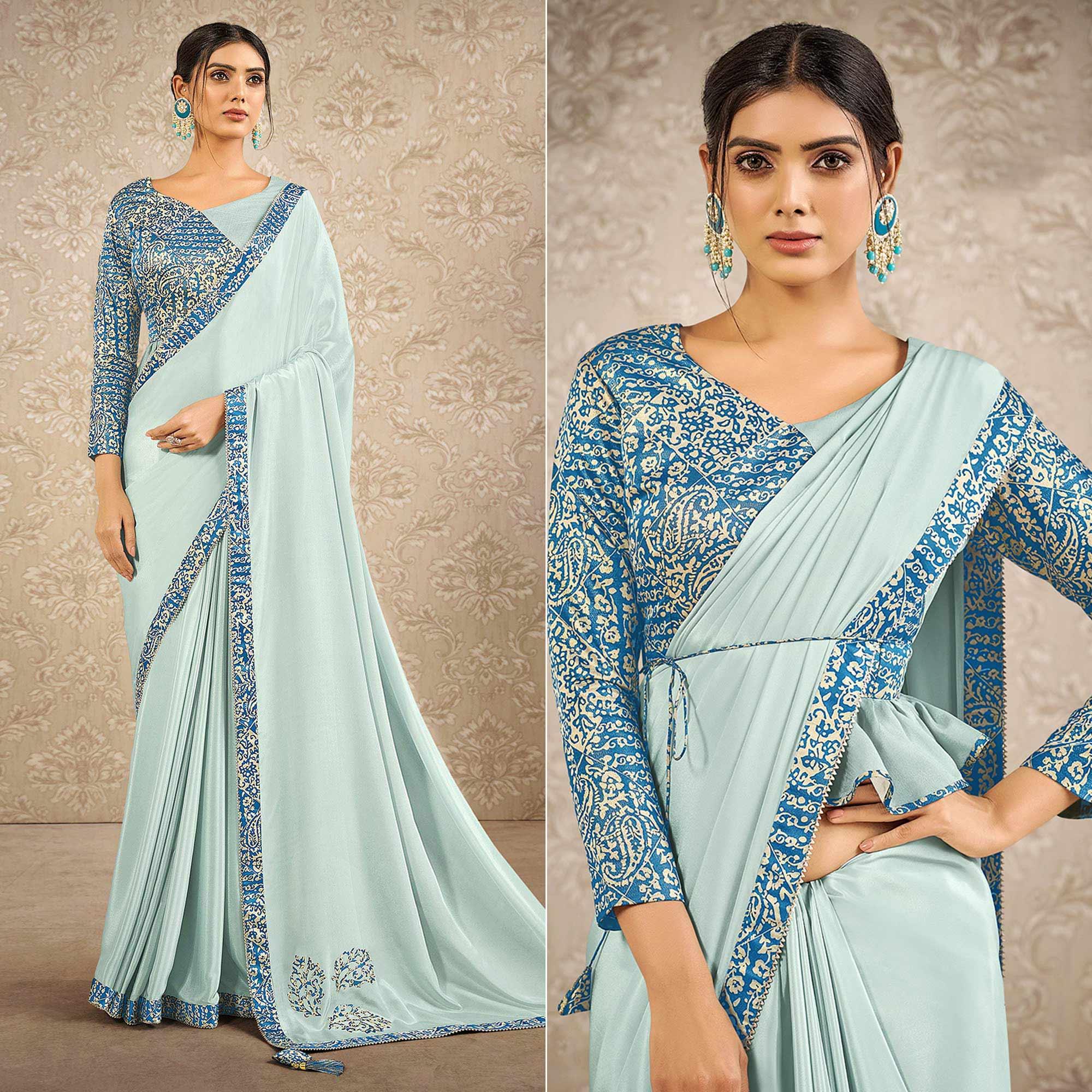 Light Blue Partywear Appliqued With Digital Printed Satin Saree - Peachmode