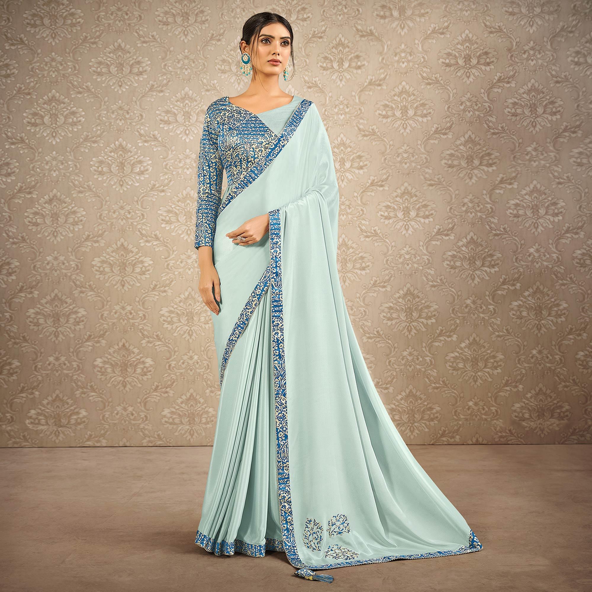 Light Blue Partywear Appliqued With Digital Printed Satin Saree - Peachmode