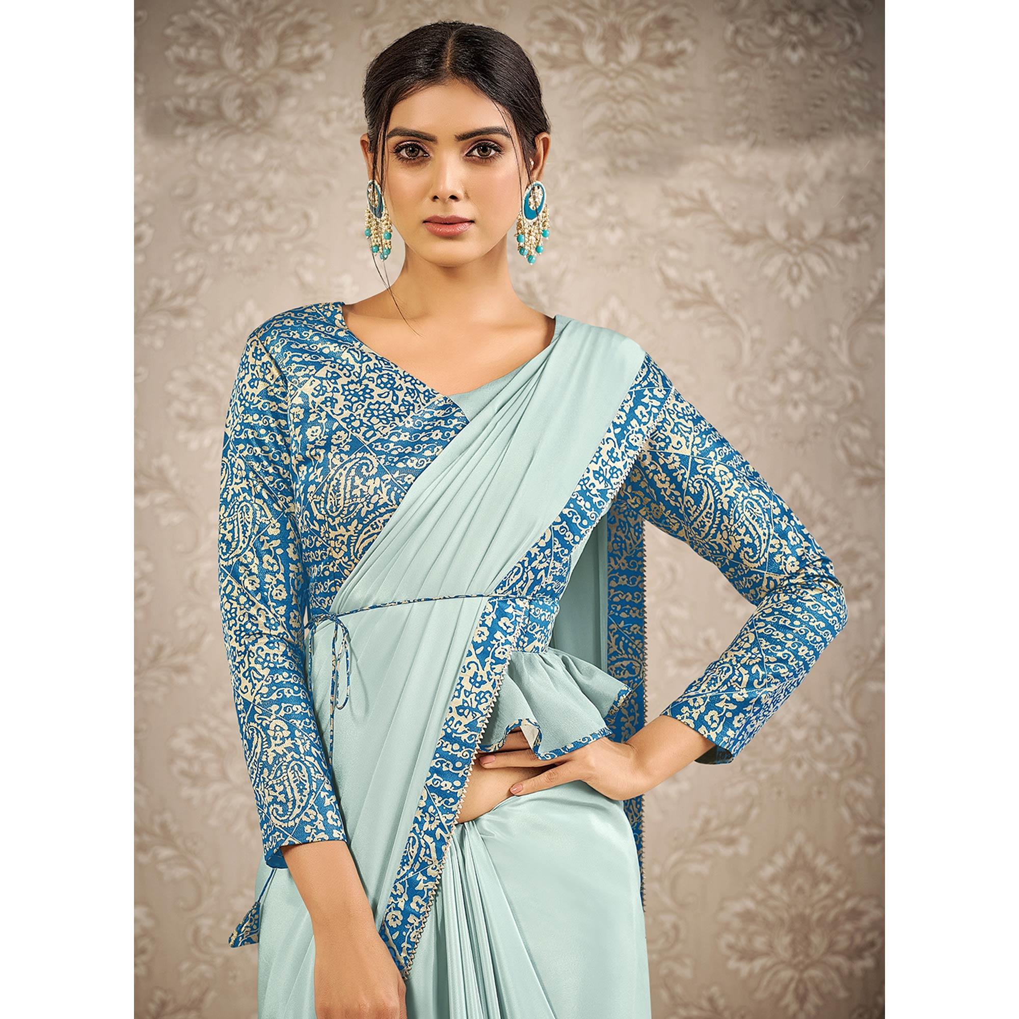 Light Blue Partywear Appliqued With Digital Printed Satin Saree - Peachmode