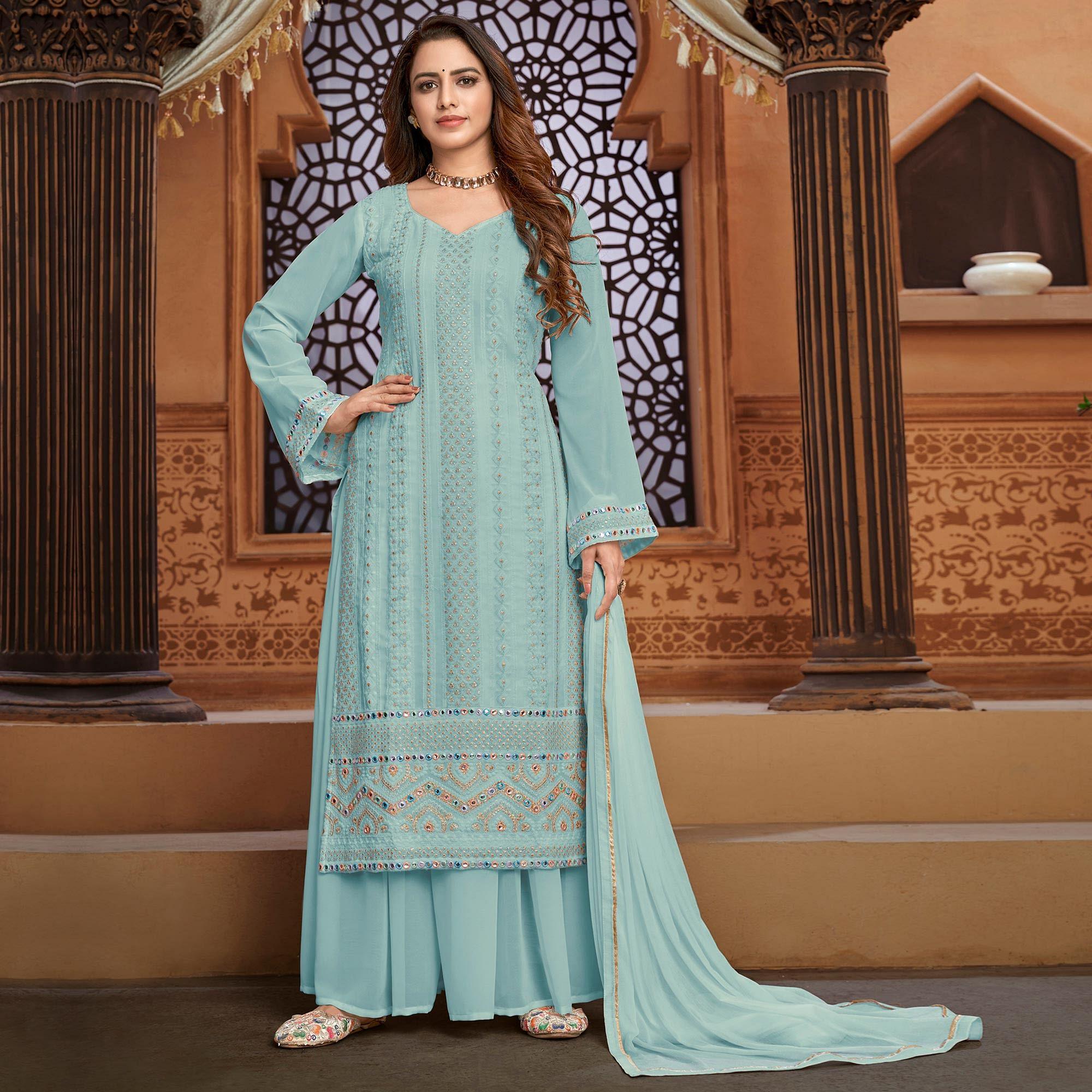 Light Blue Partywear Designer Embroidered Heavy Faux Georgette Palazzo Suit - Peachmode