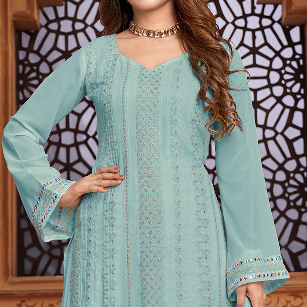 Light Blue Partywear Designer Embroidered Heavy Faux Georgette Palazzo Suit - Peachmode