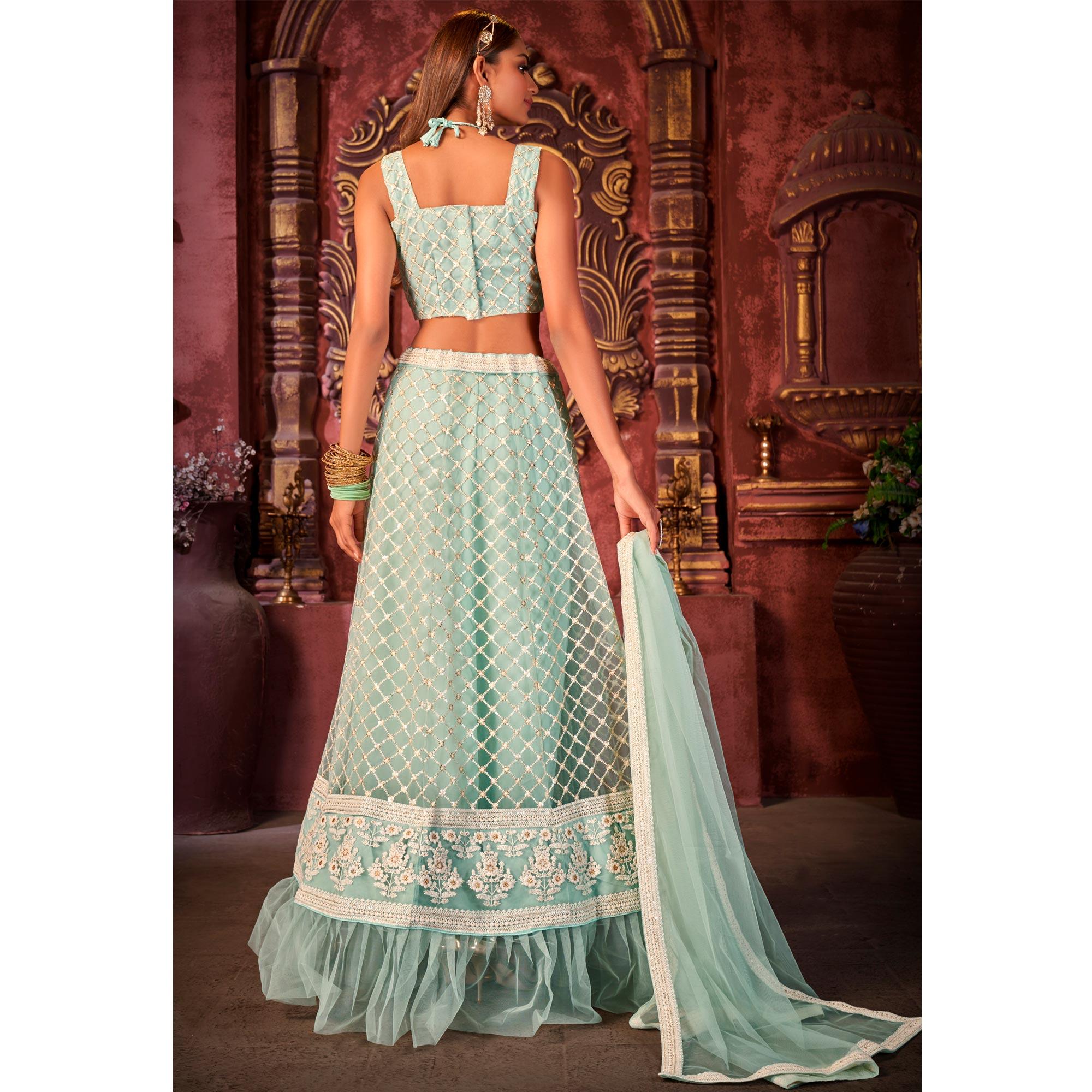 Light Blue Partywear Embroidered Net Lehenga Choli - Peachmode