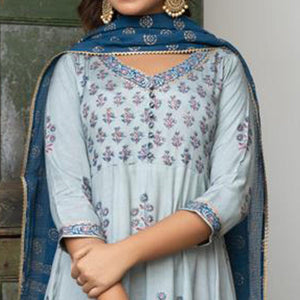 Light Blue Partywear Embroidery With Printed Cotton Silk Anarkali Suit - Peachmode