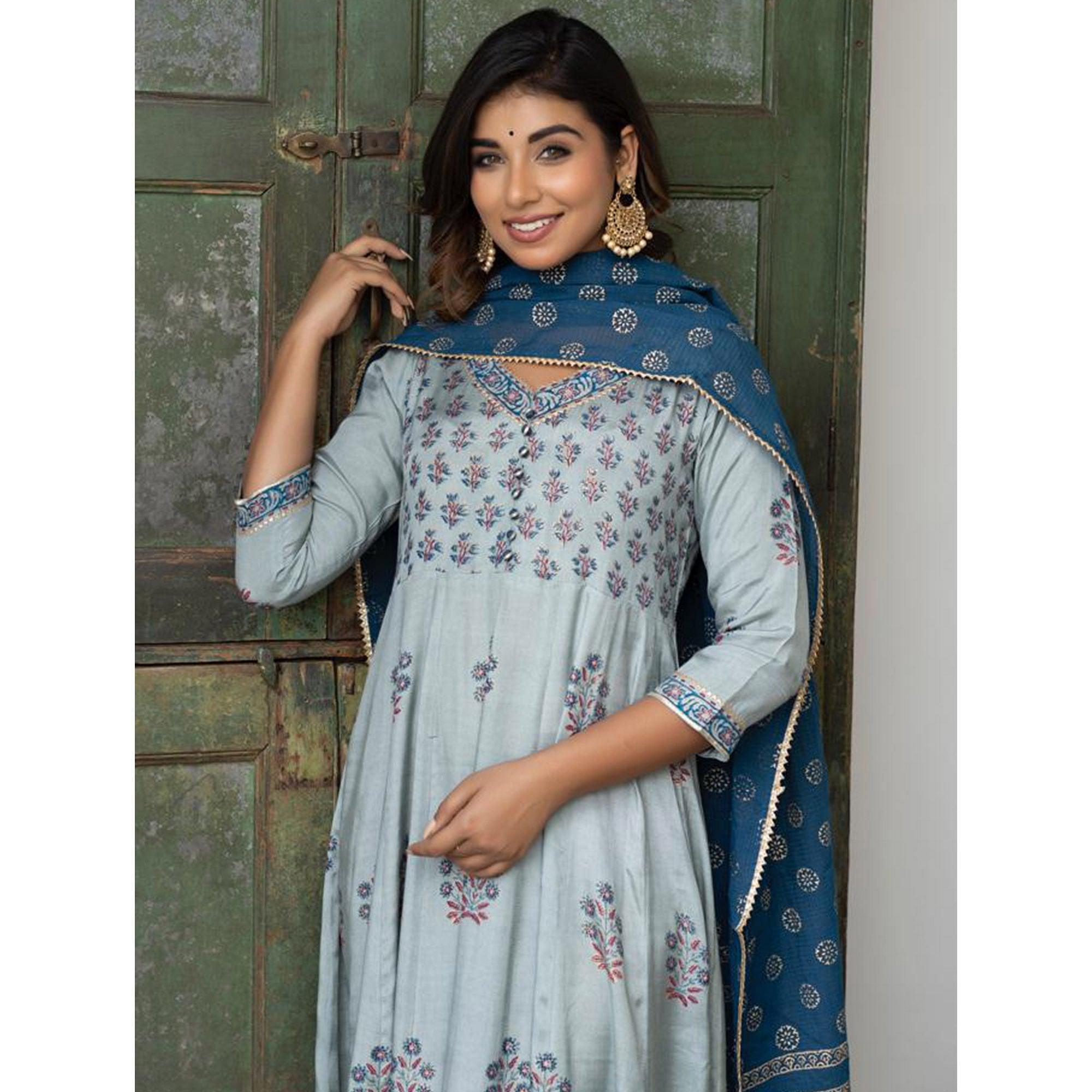 Light Blue Partywear Embroidery With Printed Cotton Silk Anarkali Suit - Peachmode