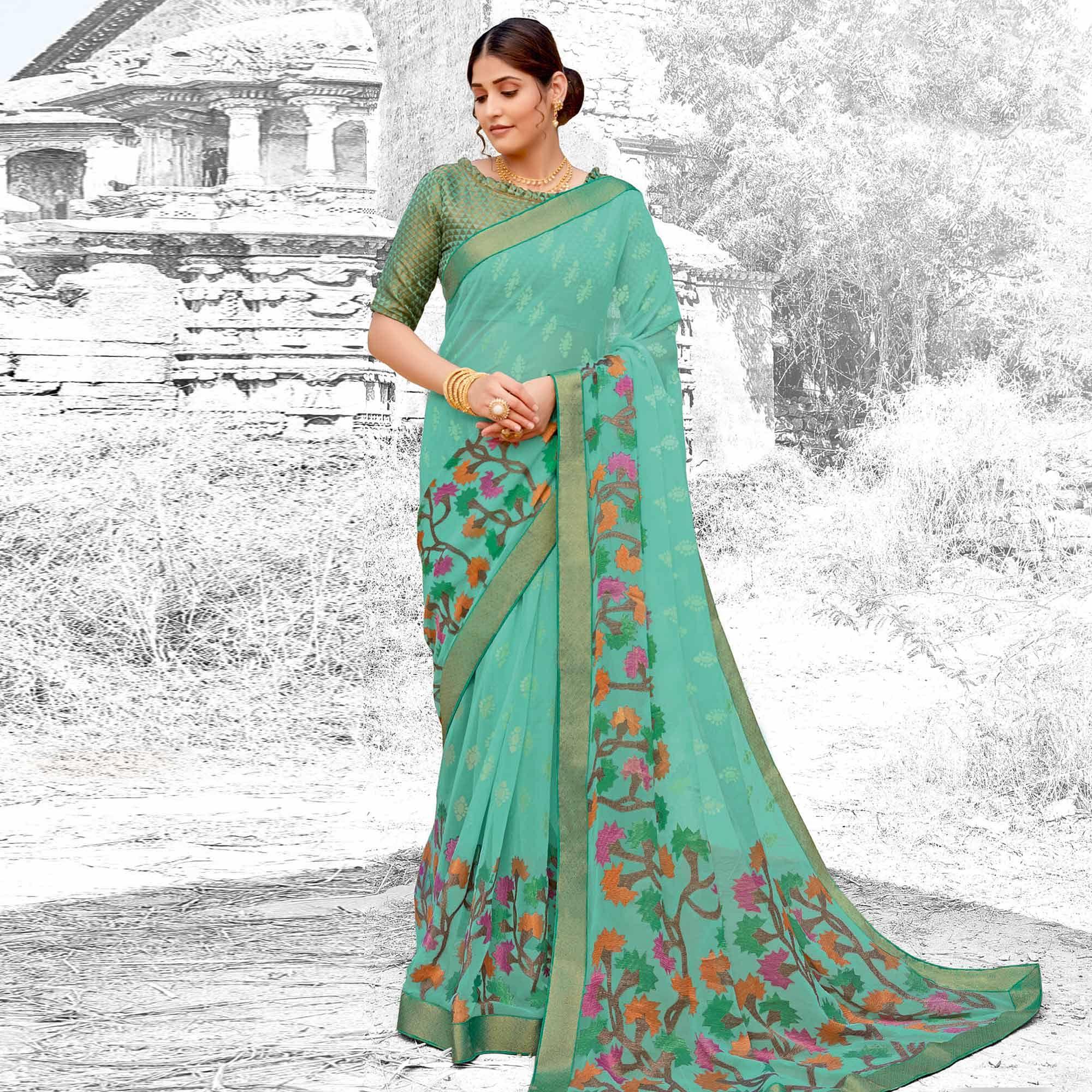 Light Blue Partywear Printed Brasso Saree - Peachmode