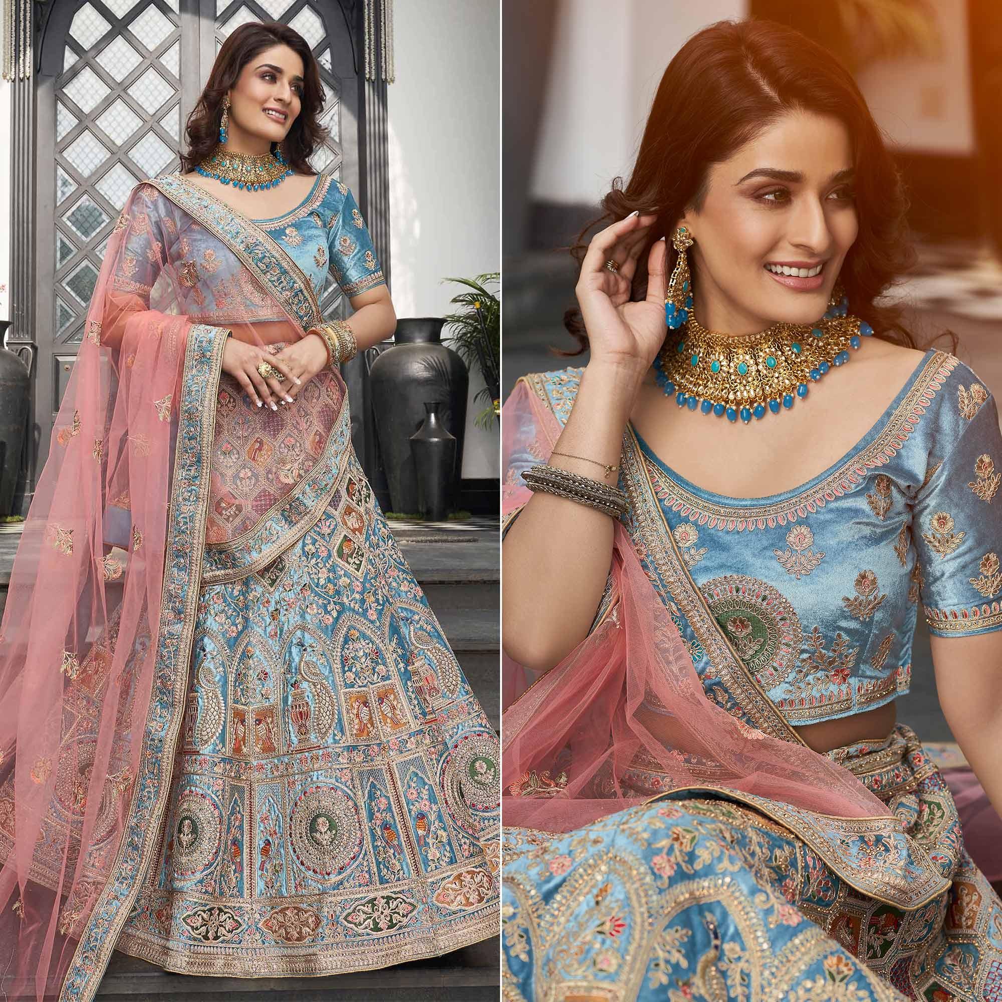 Light Blue Partywear Sequence Floral Embroidered Velvet Lehenga Choli - Peachmode