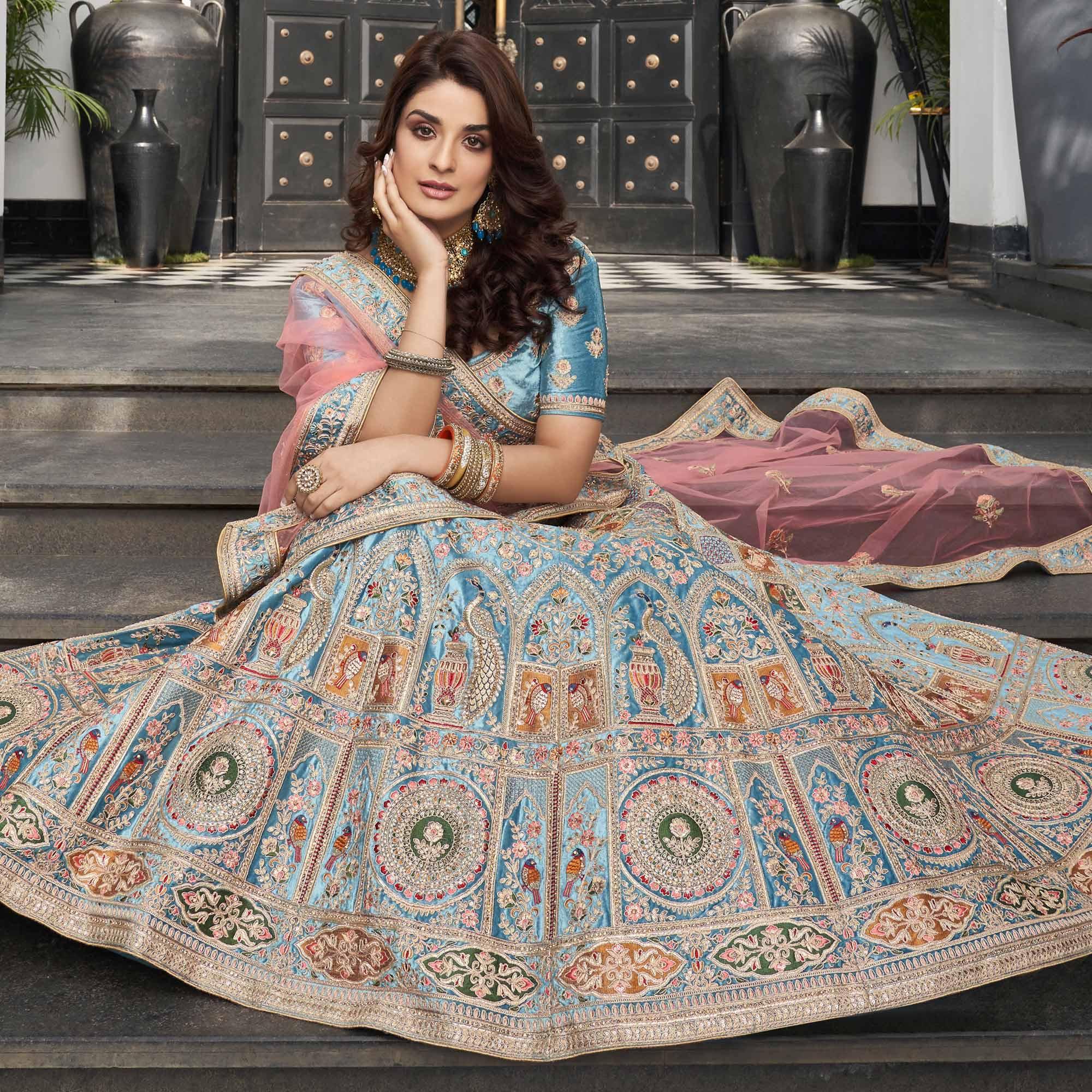 Light Blue Partywear Sequence Floral Embroidered Velvet Lehenga Choli - Peachmode