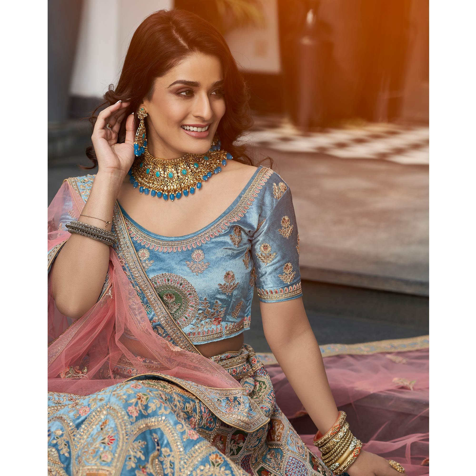 Light Blue Partywear Sequence Floral Embroidered Velvet Lehenga Choli - Peachmode