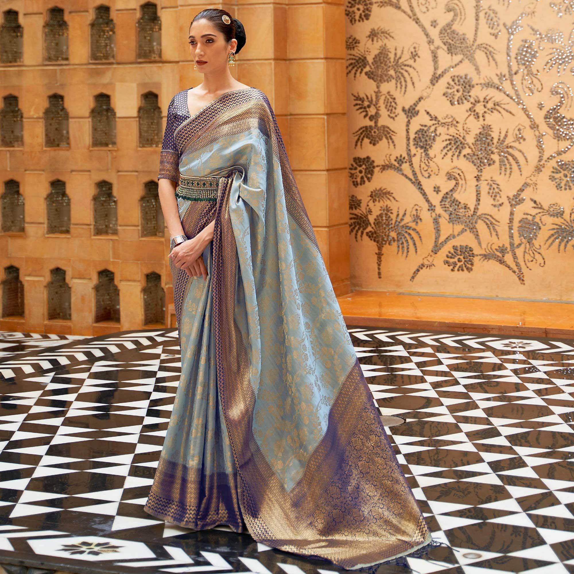 Light Blue Partywear Zari Woven Pure Silk Saree - Peachmode