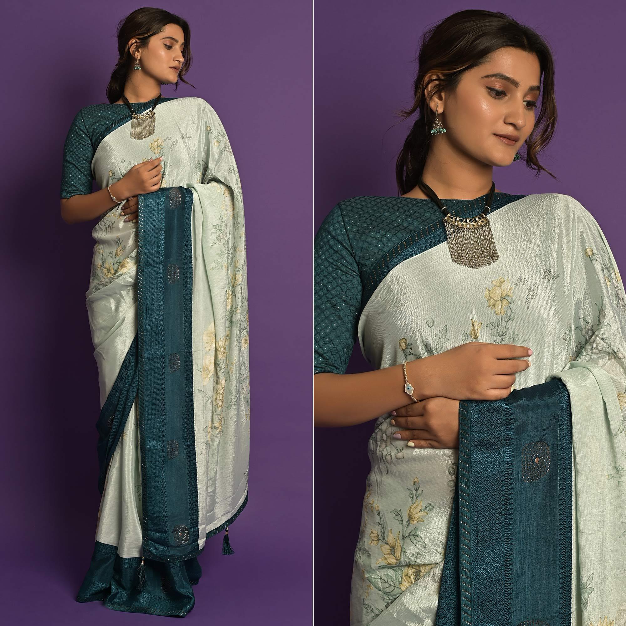 Light Blue Printed-Embellished Chiffon Saree - Peachmode