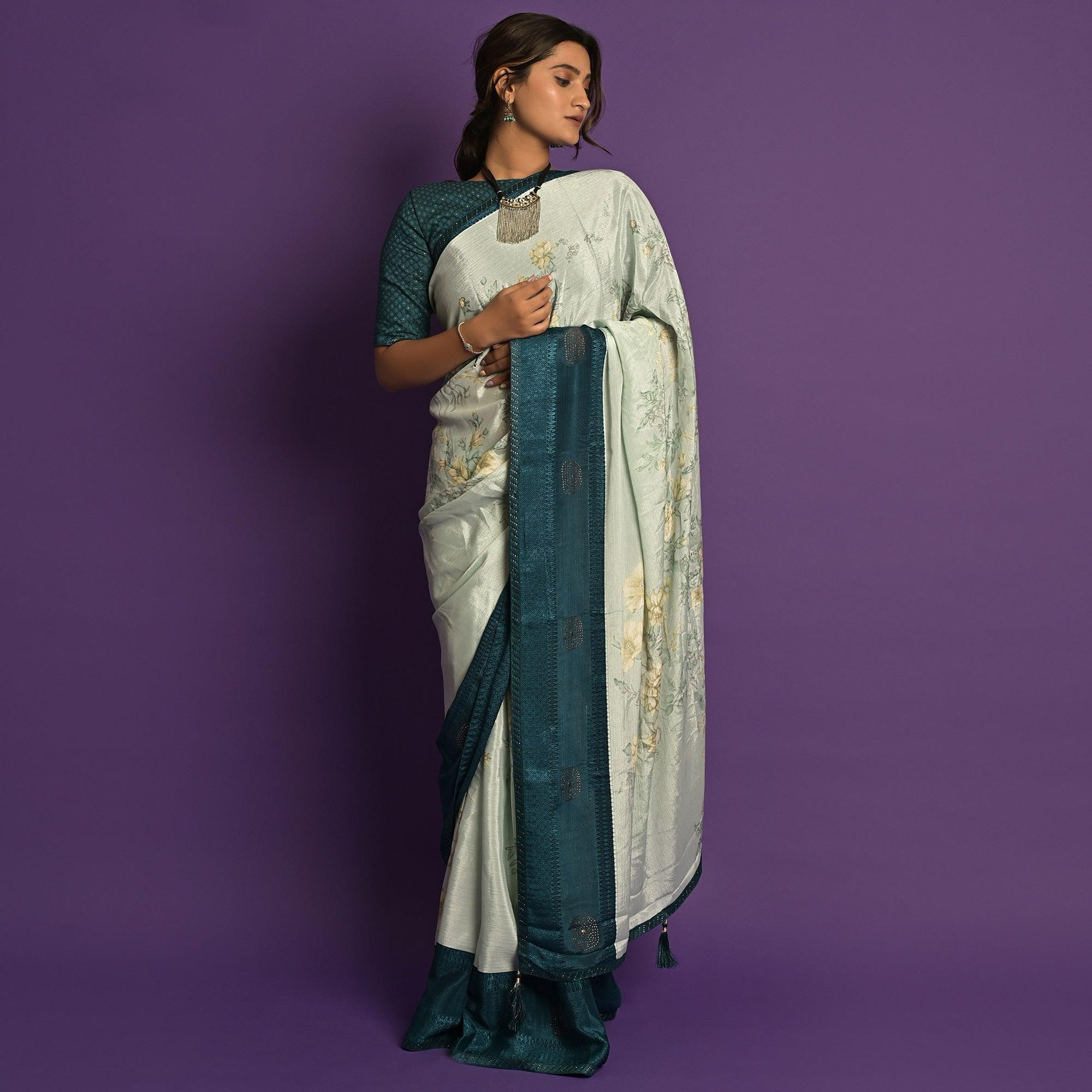 Light Blue Printed-Embellished Chiffon Saree - Peachmode
