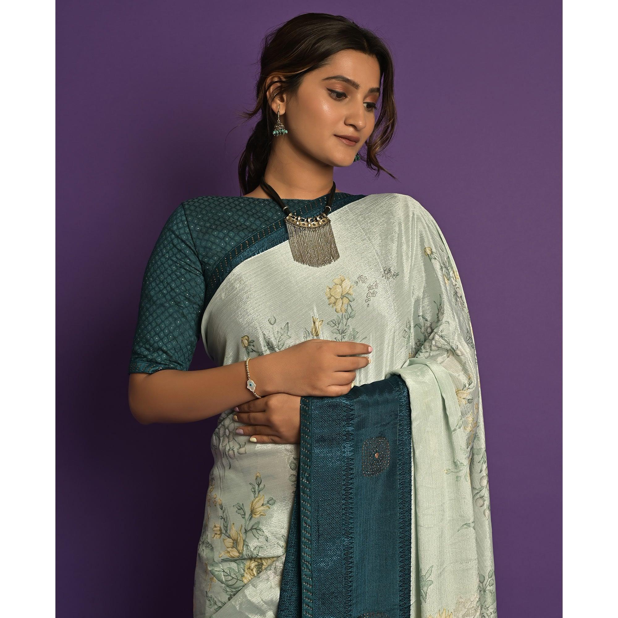 Light Blue Printed-Embellished Chiffon Saree - Peachmode