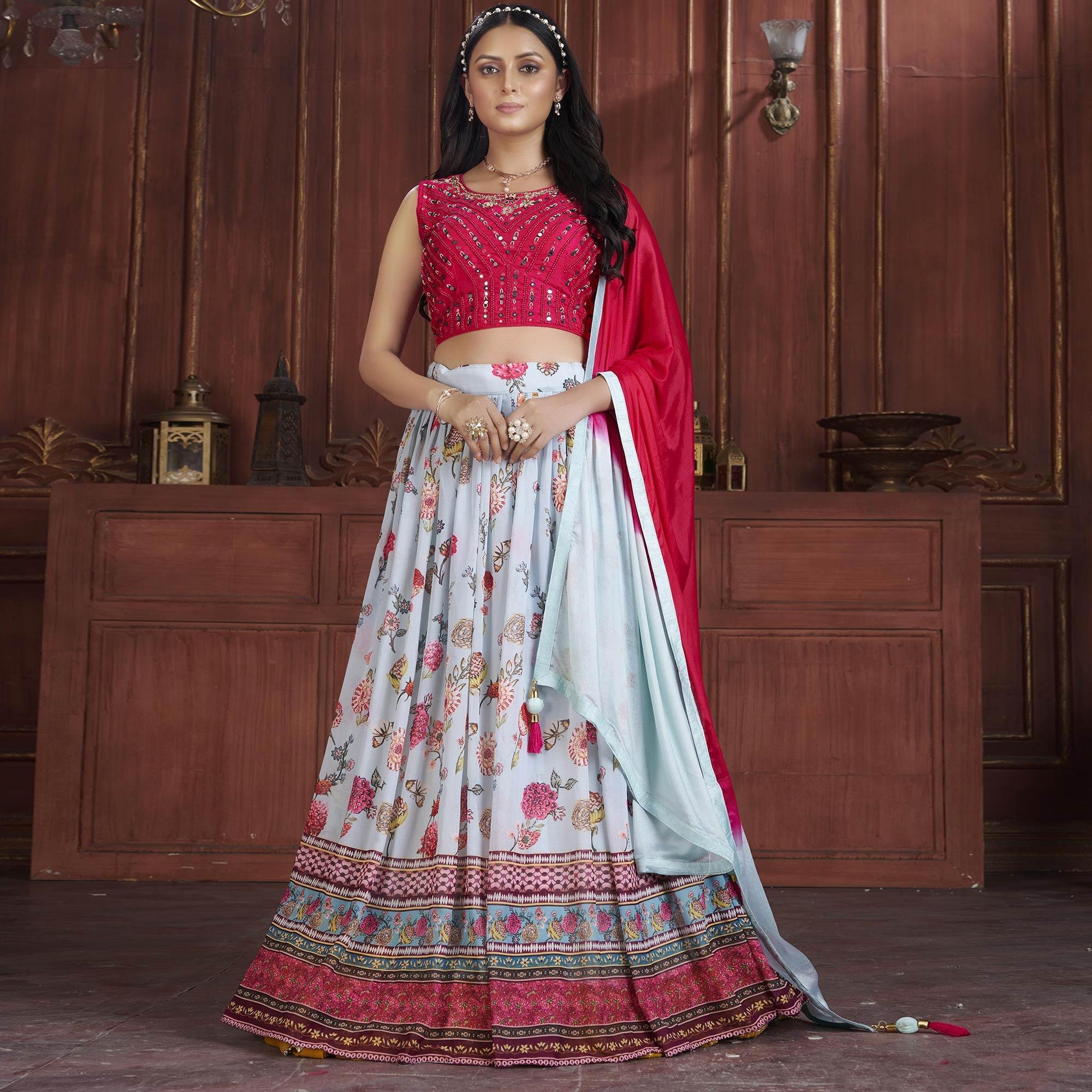 Light Blue Printed Georgette Lehenga Choli - Peachmode