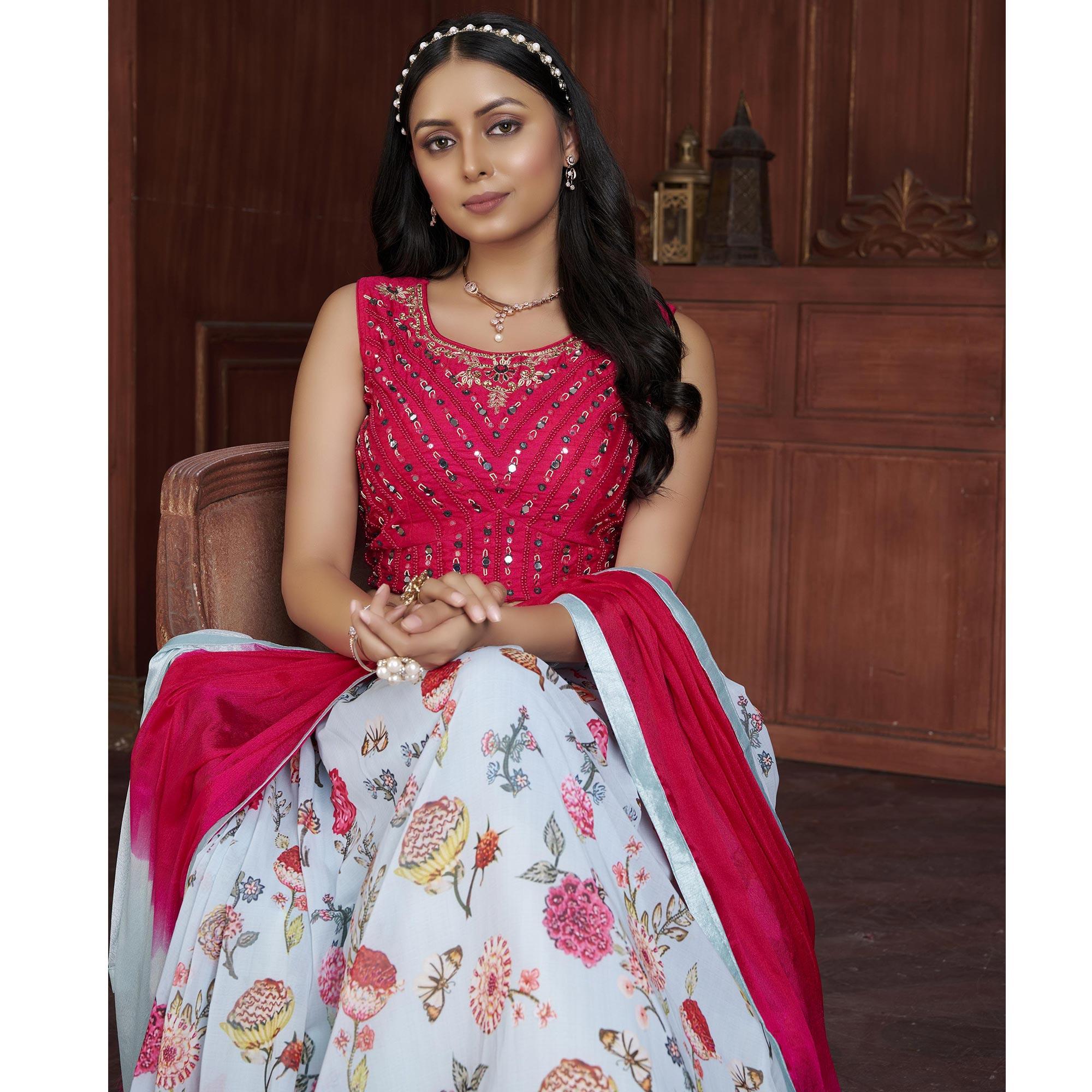 Light Blue Printed Georgette Lehenga Choli - Peachmode