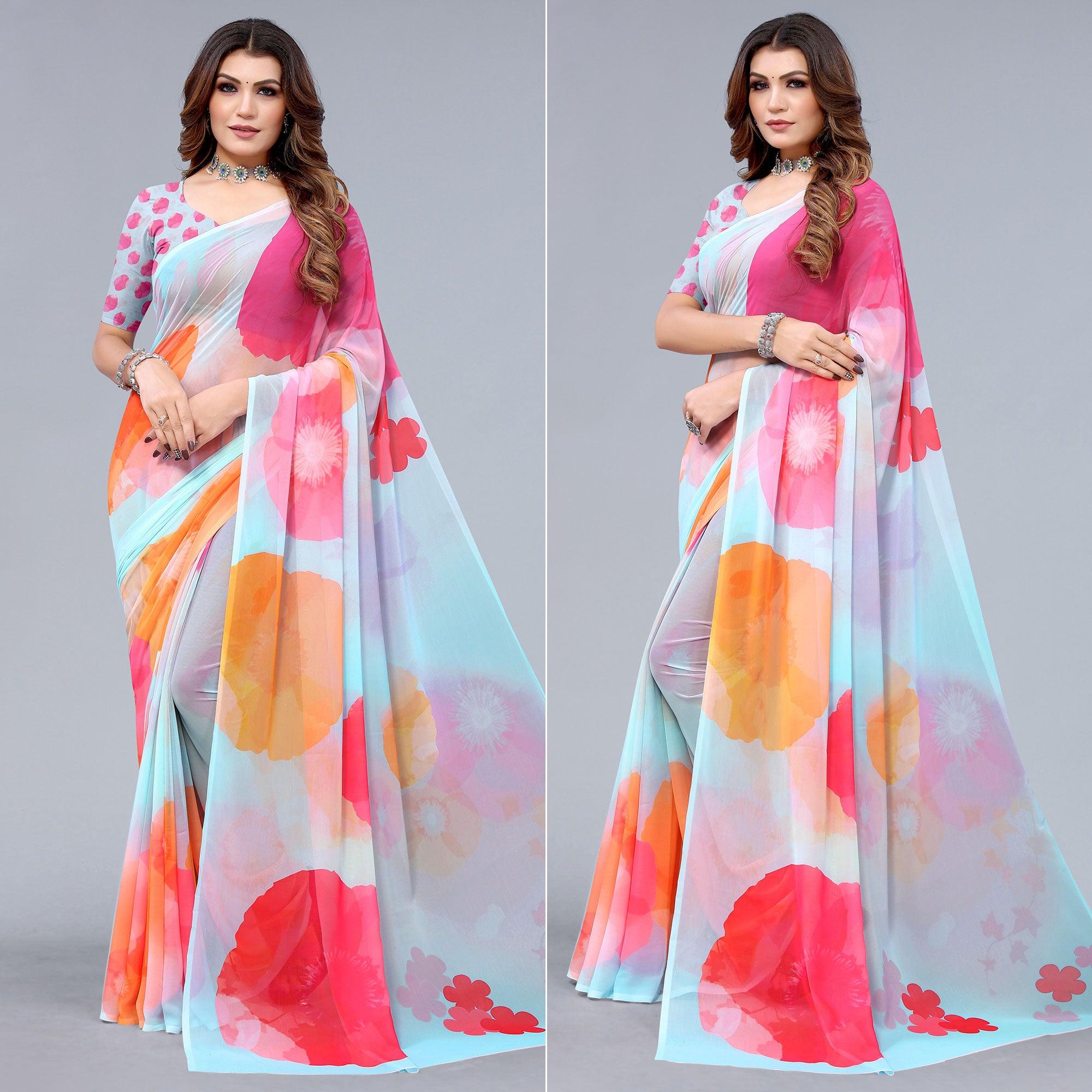 Light Blue Printed Georgette Saree - Peachmode