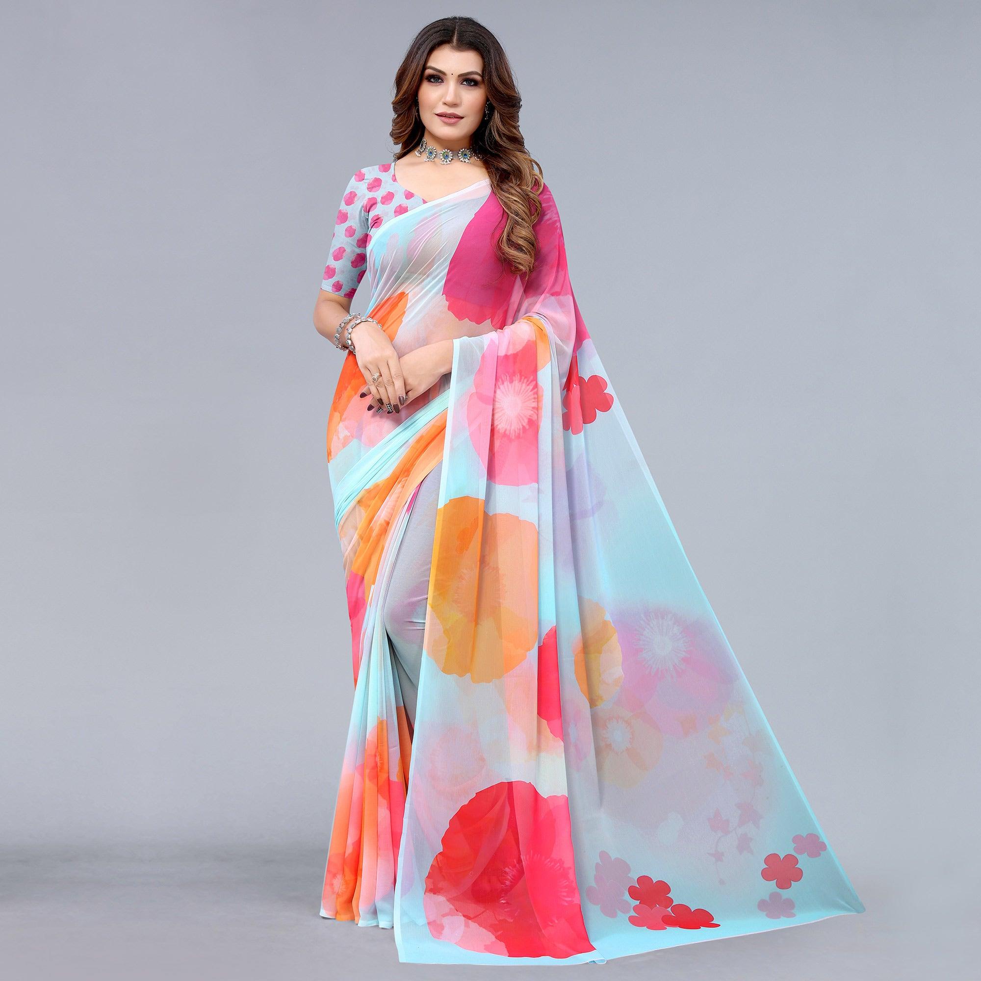 Light Blue Printed Georgette Saree - Peachmode