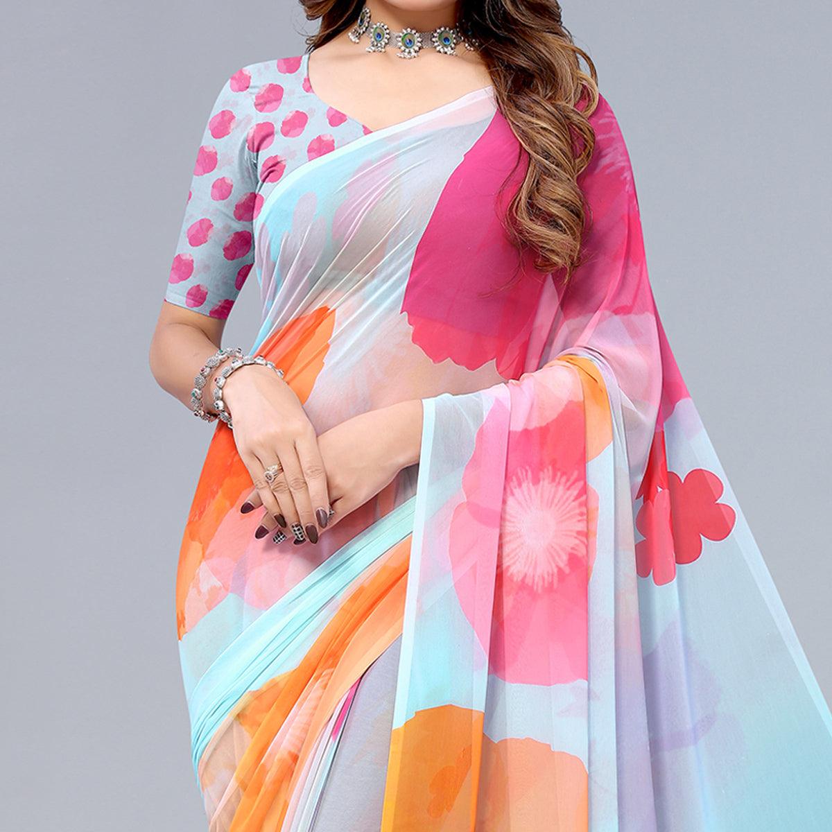 Light Blue Printed Georgette Saree - Peachmode