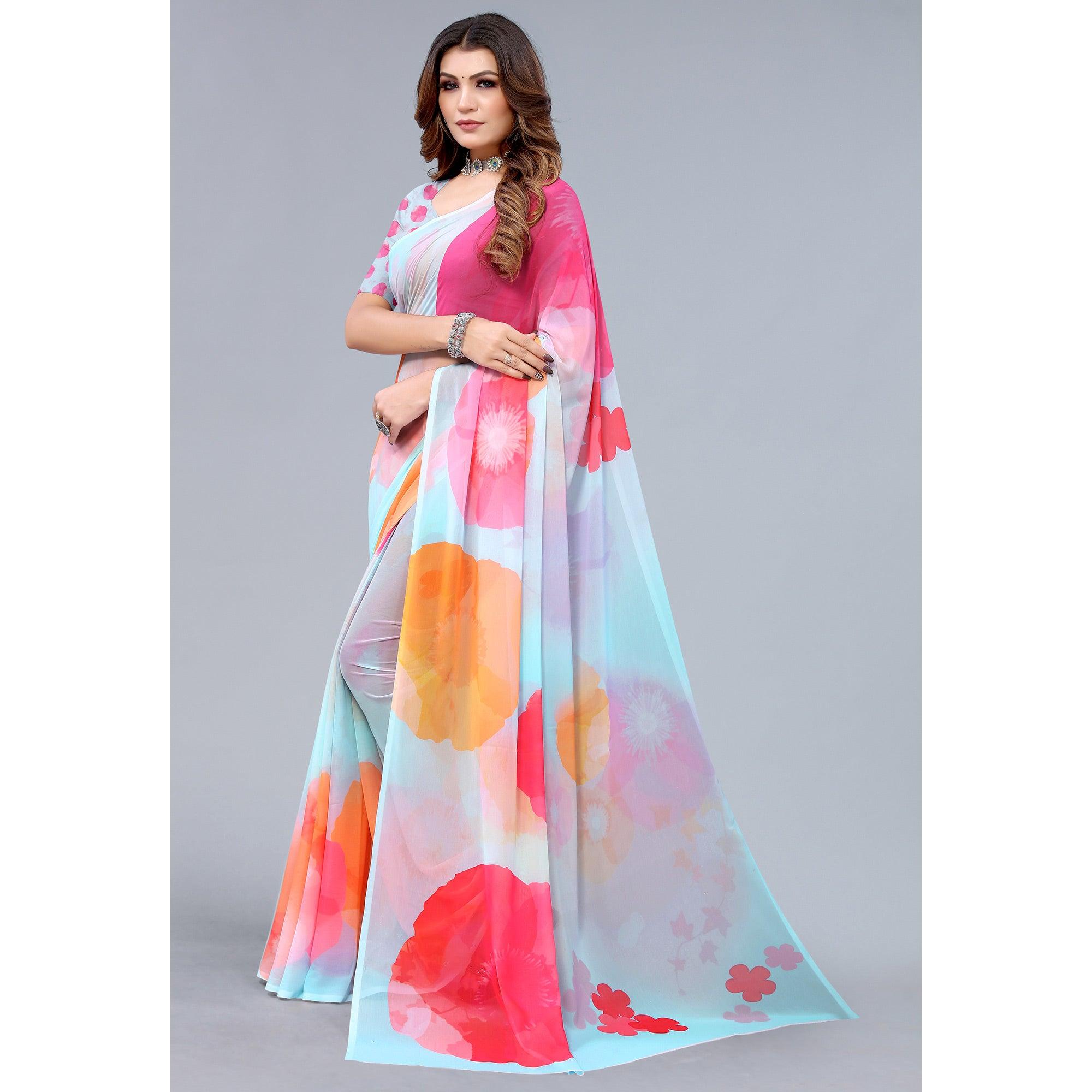 Light Blue Printed Georgette Saree - Peachmode