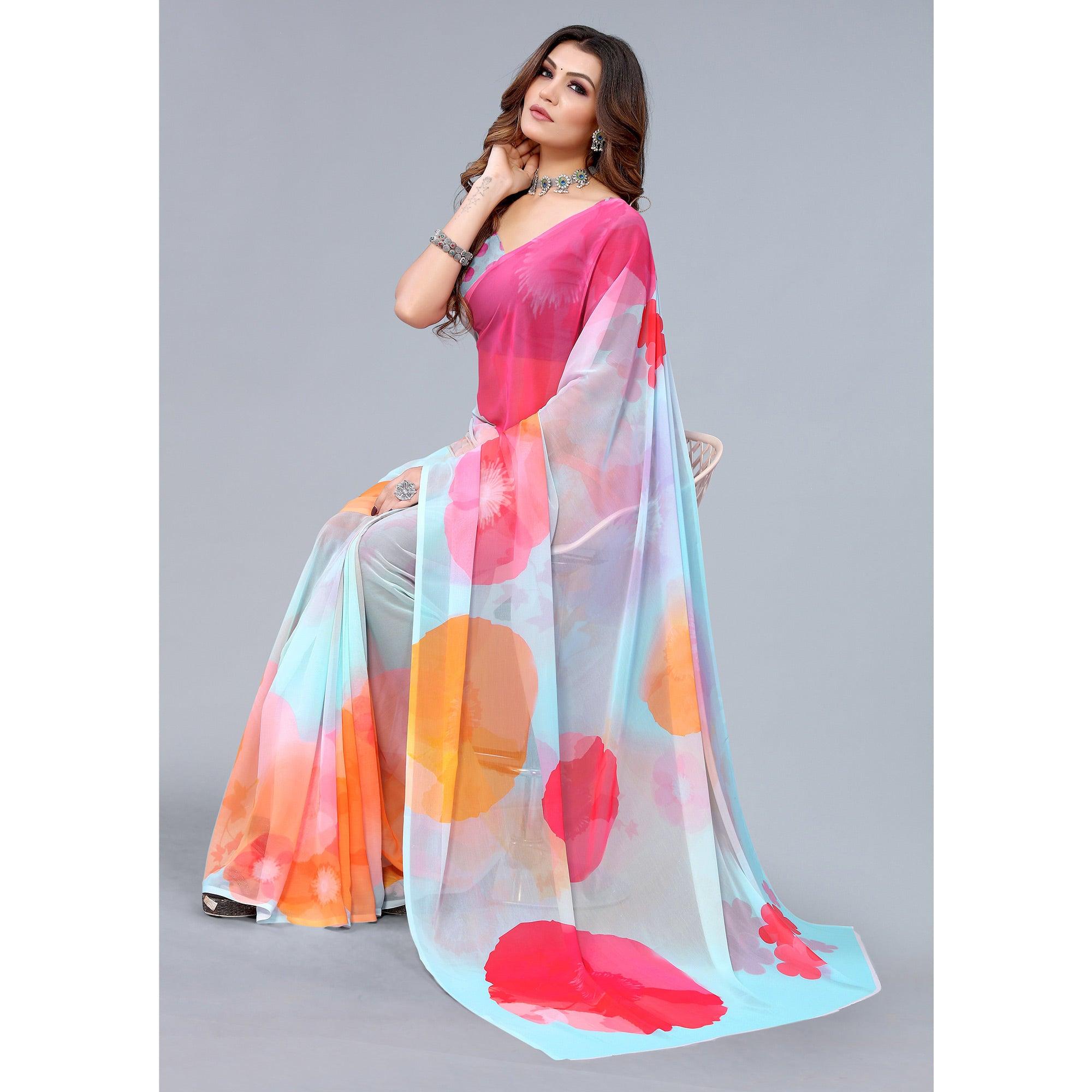 Light Blue Printed Georgette Saree - Peachmode