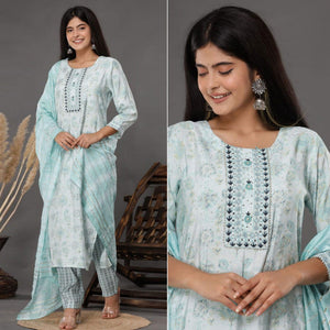 Light Blue Printed Muslin Kurti Pant Set With Dupatta - Peachmode