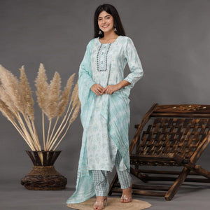 Light Blue Printed Muslin Kurti Pant Set With Dupatta - Peachmode