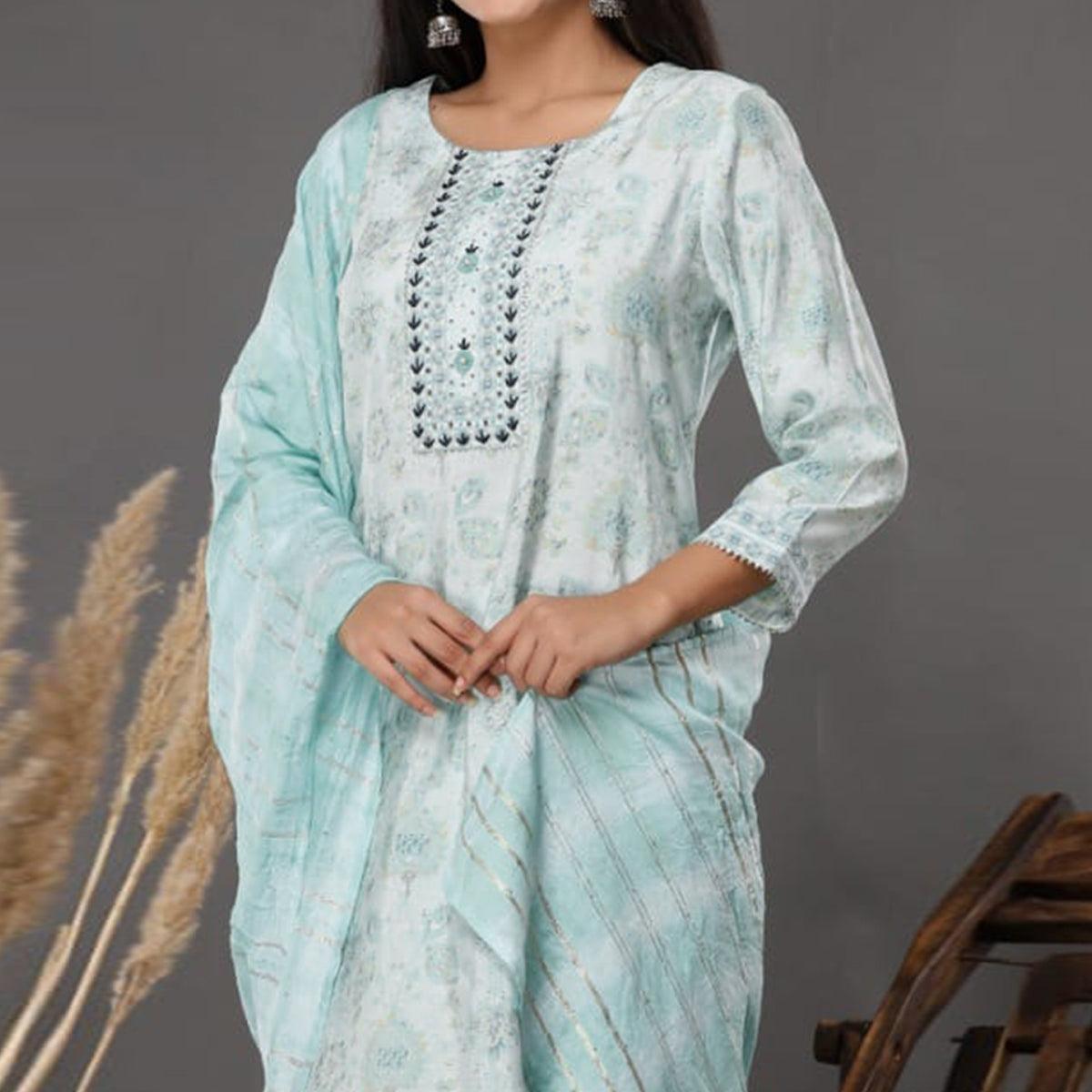 Light Blue Printed Muslin Kurti Pant Set With Dupatta - Peachmode