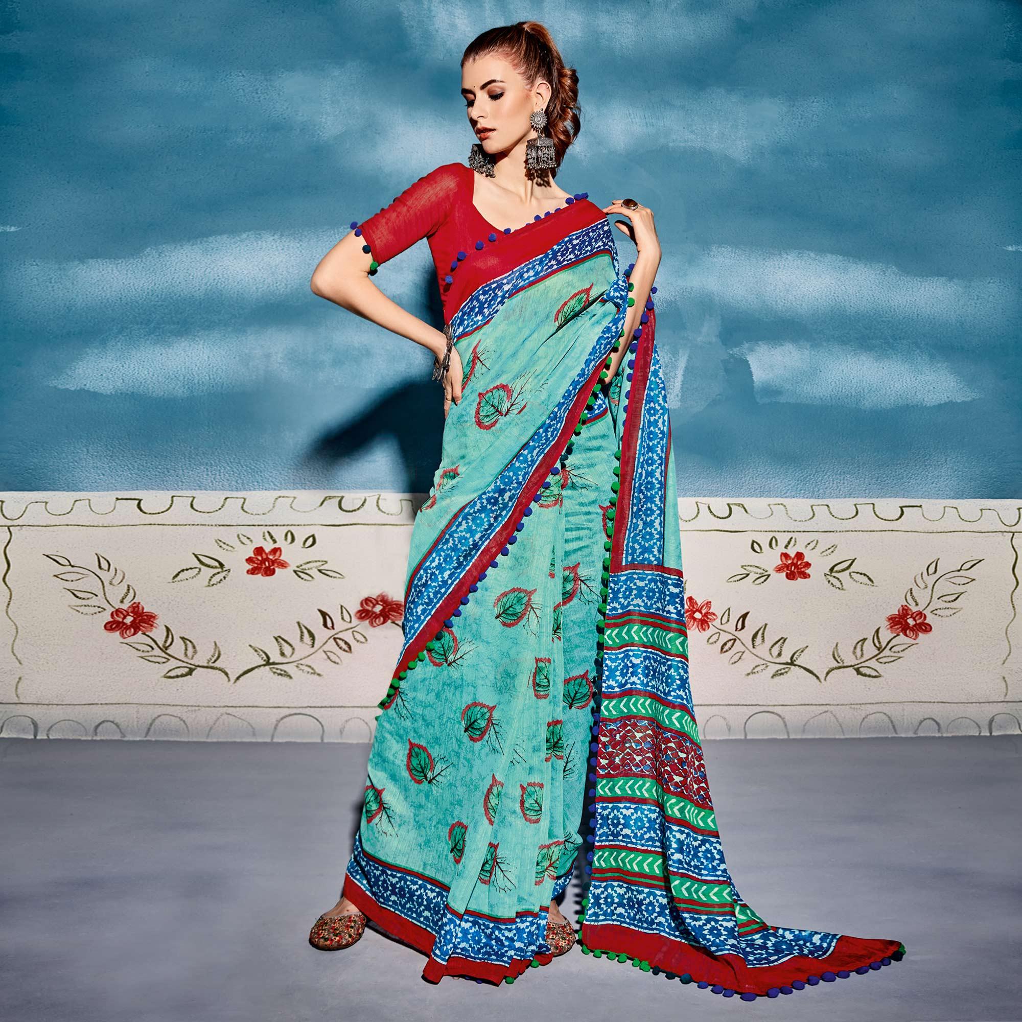 Light Blue Printed Poly Cotton Saree With Pumpum Lace - Peachmode
