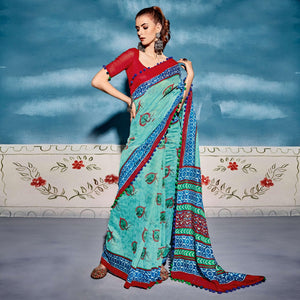 Light Blue Printed Poly Cotton Saree With Pumpum Lace - Peachmode